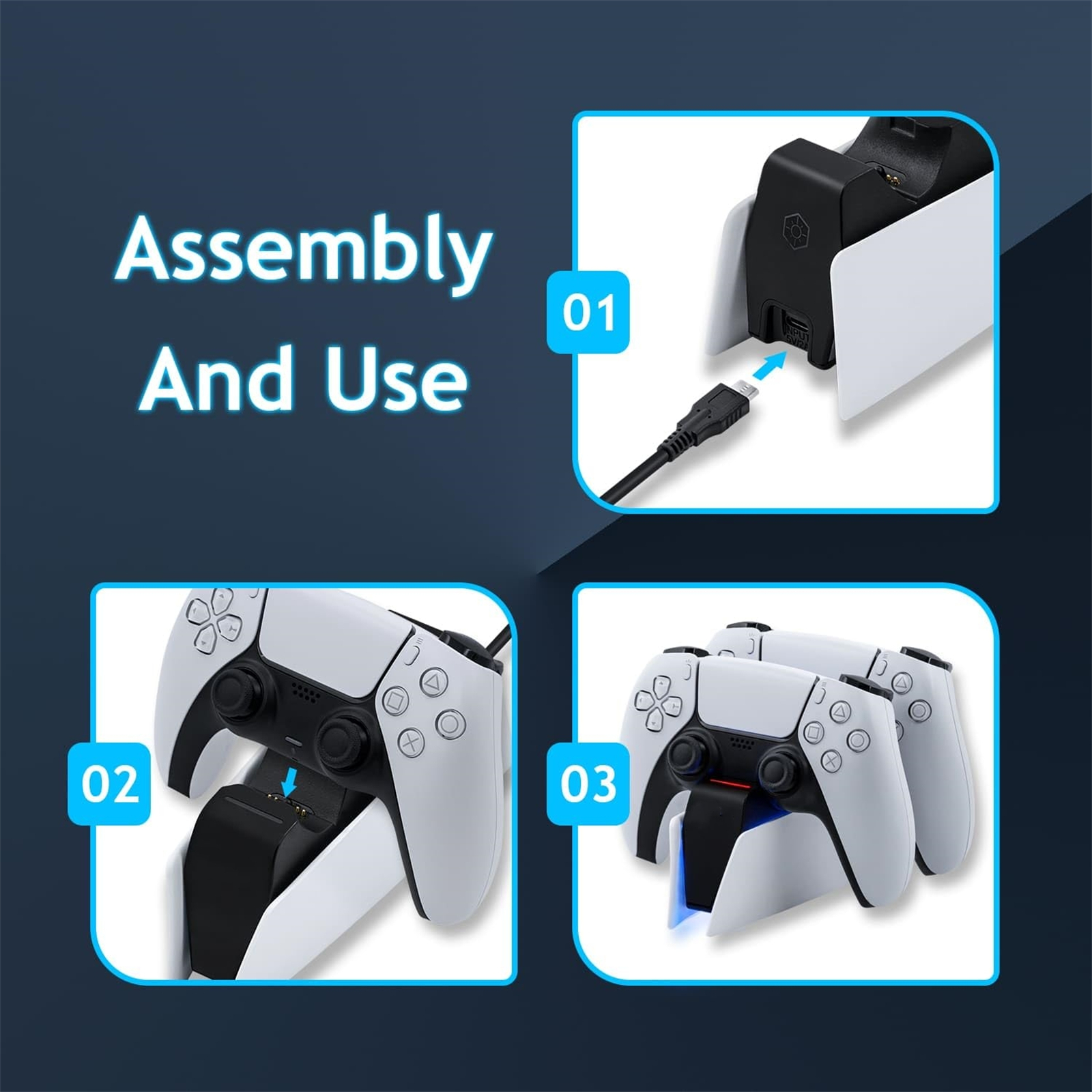 Anweisungen zeigen, wie Controller aufgeladen werden. Schritt 1: Ladegerät anschließen. Schritt 2: Controller platzieren. Schritt 3: Controller laden.