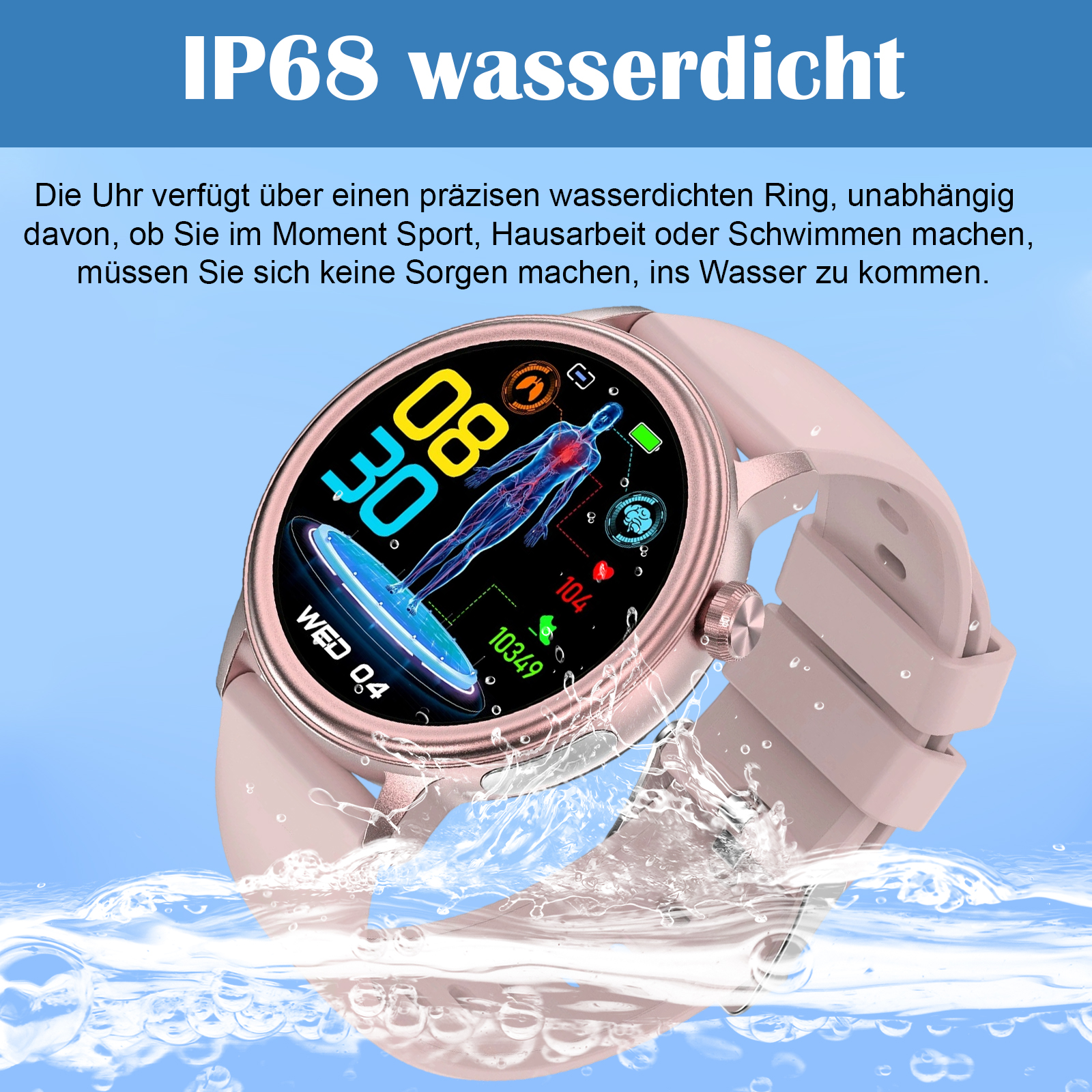 Eine rosa Smartwatch liegt im Wasser und zeigt ihre Wasserdichtigkeit. Der Bildschirm zeigt Gesundheitsmetriken und die Uhrzeit an.