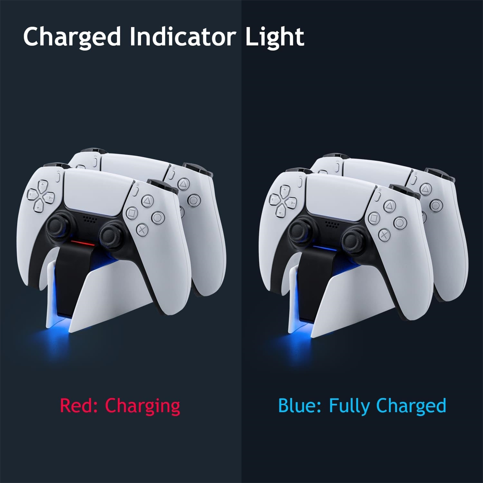 Zwei weiße Gamecontroller auf einem Ladegerät. Einer hat ein rotes Ladelicht, der andere ein blaues vollgeladenes Licht.