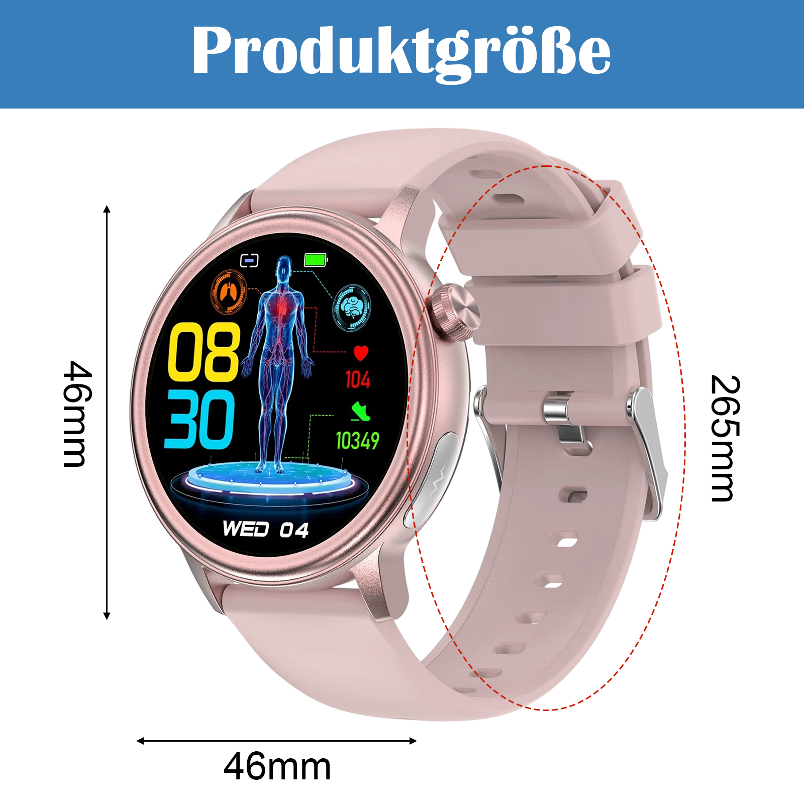 Eine rosa Smartwatch mit Abmessungen: 46 mm breit, 265 mm Bandlänge und 46 mm hoch. Der Bildschirm zeigt Gesundheitsdaten an.