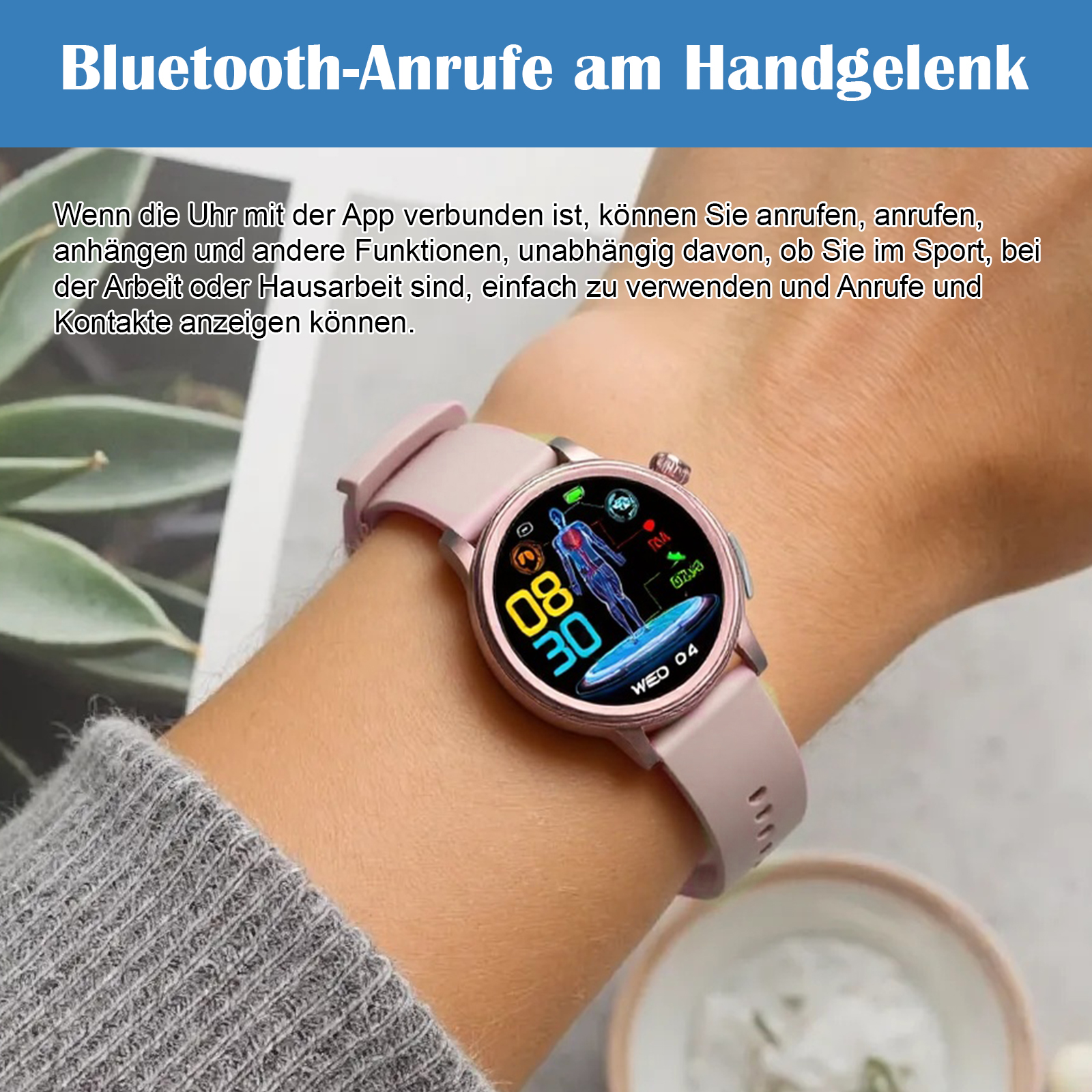 Ein Handgelenk mit einer rosa Smartwatch. Die Uhr zeigt Gesundheitsdaten und die Uhrzeit an. Der Arm ist in einem grauen Pullover.