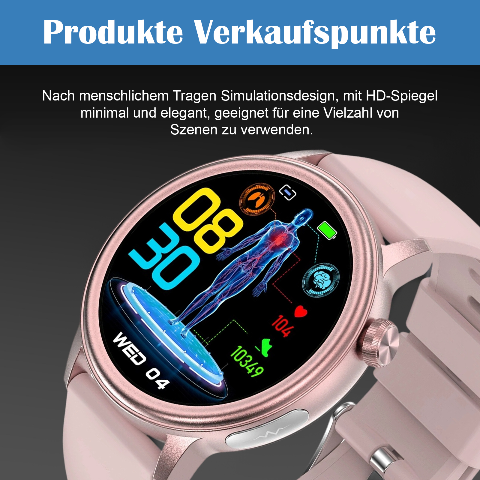 Eine rosa Smartwatch zeigt Gesundheitsdaten auf ihrem Bildschirm. Sie zeigt Zeit und Gesundheitsmetriken auf einem blauen Bildschirm.