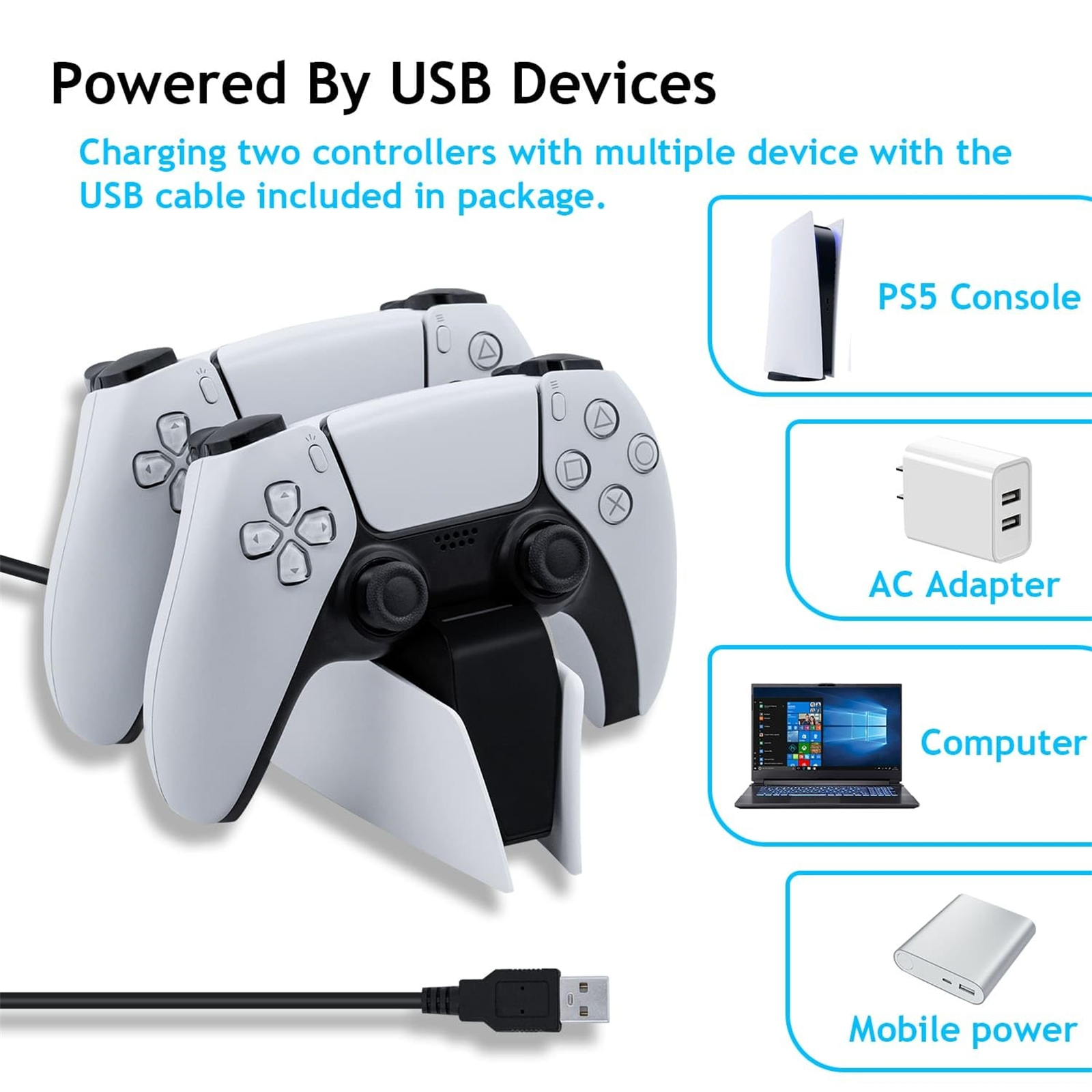 Ein Ladegerät mit zwei Controllern und Optionen zum Aufladen. Es kann an Konsole, Netzteil, Computer oder Powerbank angeschlossen werden.
