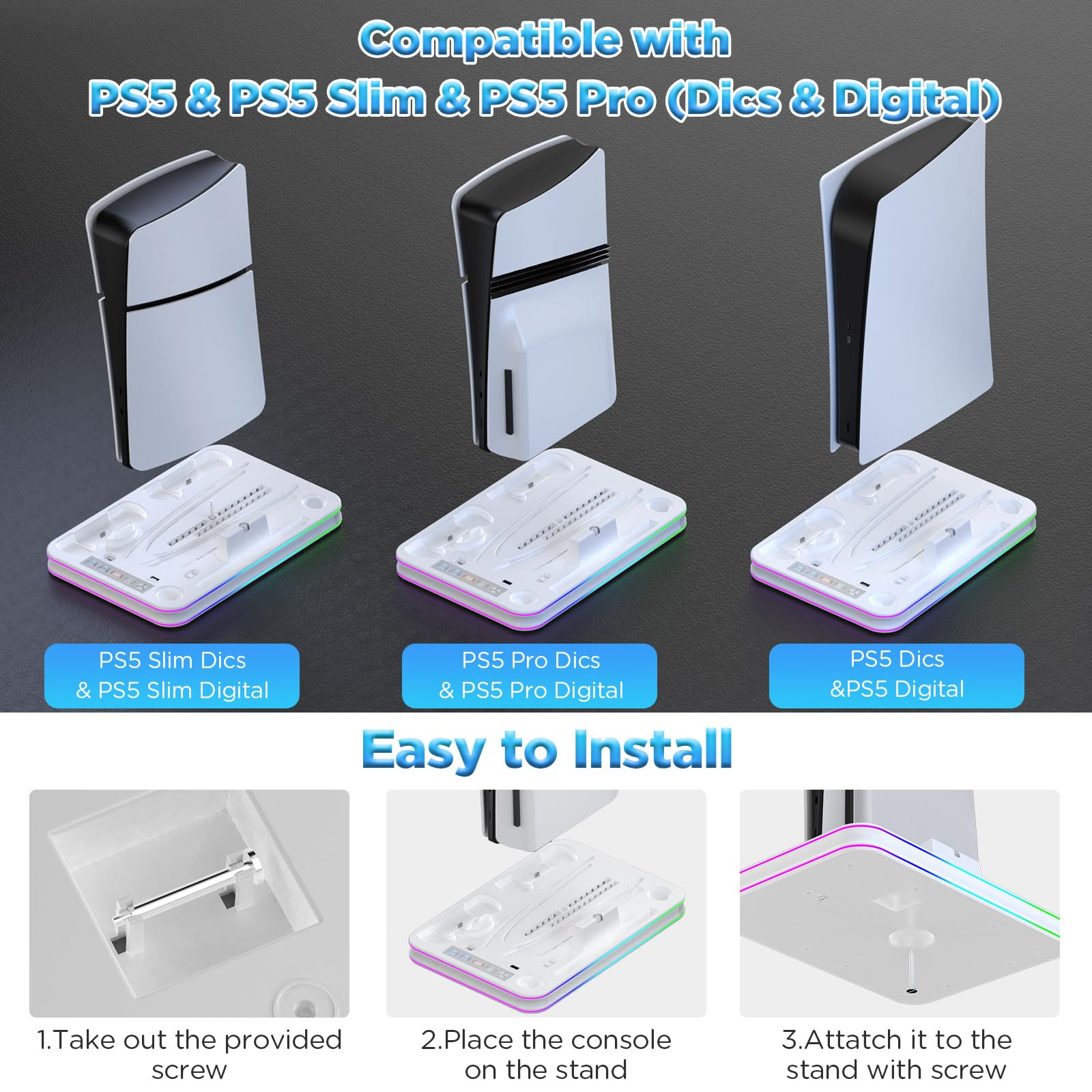 Ein Produkt, das die Kompatibilität mit PS5, PS5 Slim und PS5 Pro zeigt. Es enthält Installationsschritte mit einer Schraube.