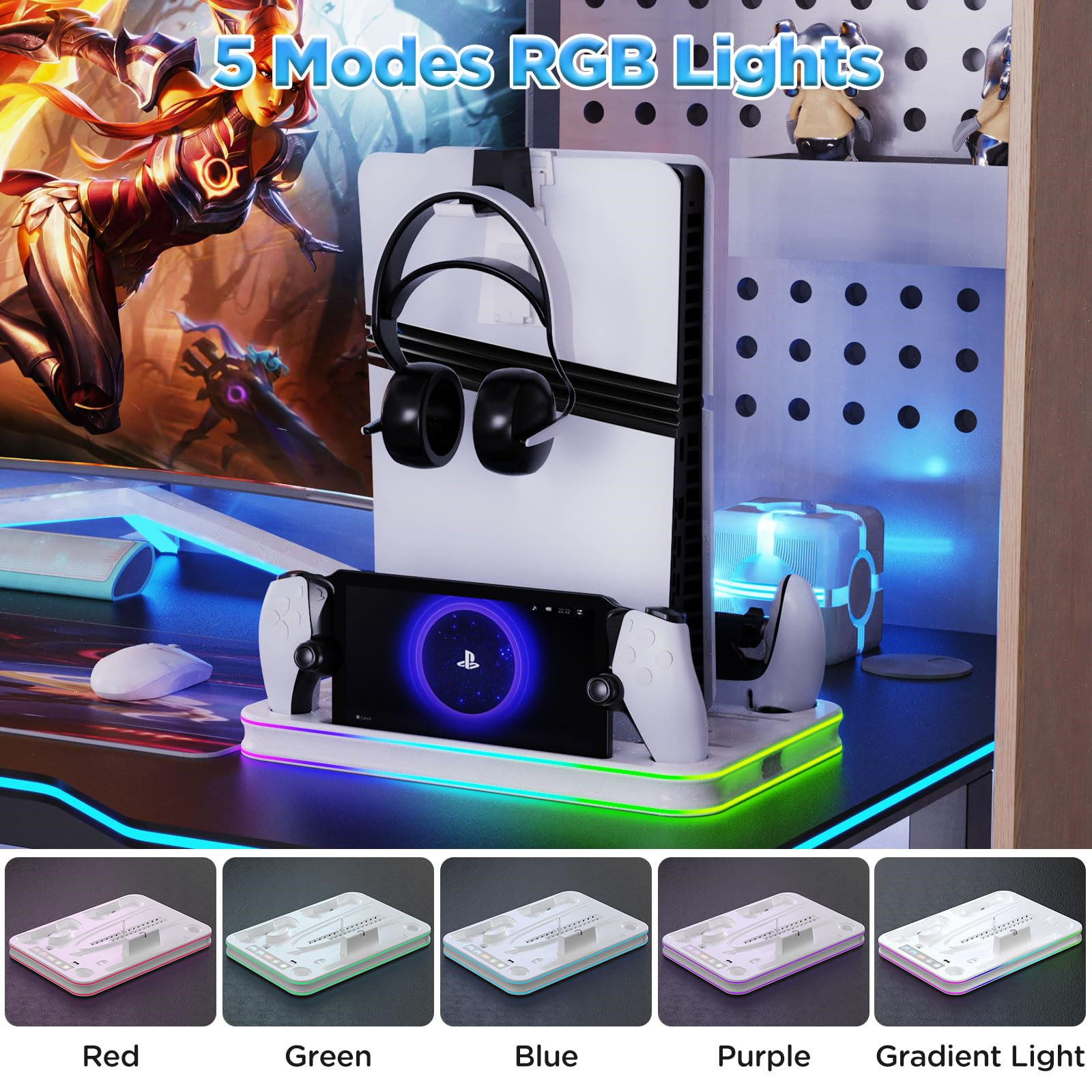 Ein Gaming-Setup mit PS5, Controllern, Kopfhörern und fünf RGB-Lichtmodi. Das Setup befindet sich auf einem Schreibtisch.