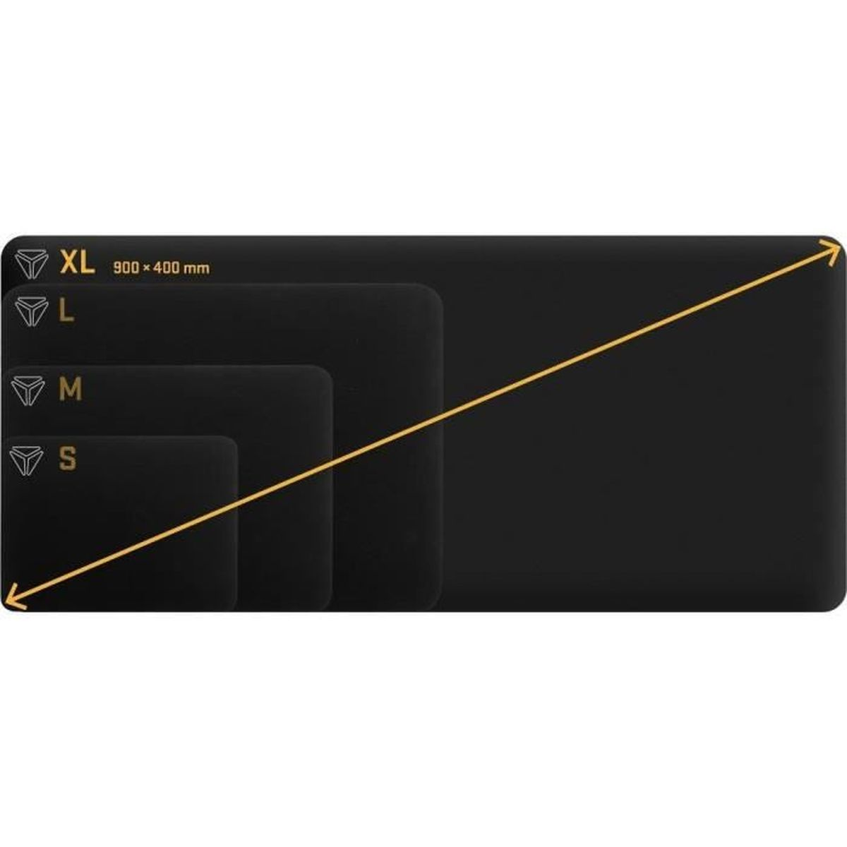 Quattro tappetini per mouse neri di diverse dimensioni, con etichette XL, L, M e S.