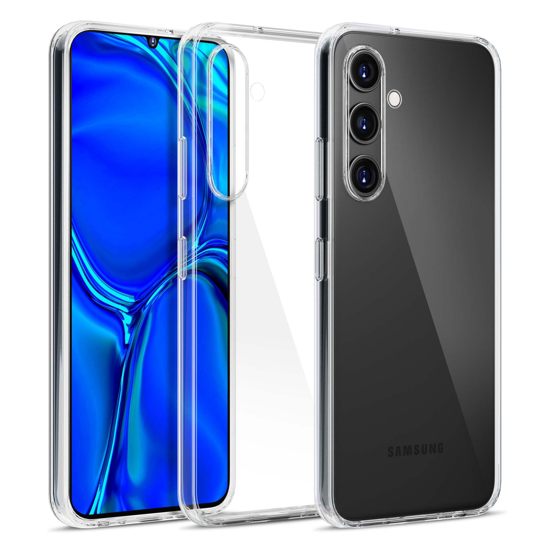 Una custodia trasparente per telefono su un telefono con schermo blu. Il telefono ha tre fotocamere sul retro.