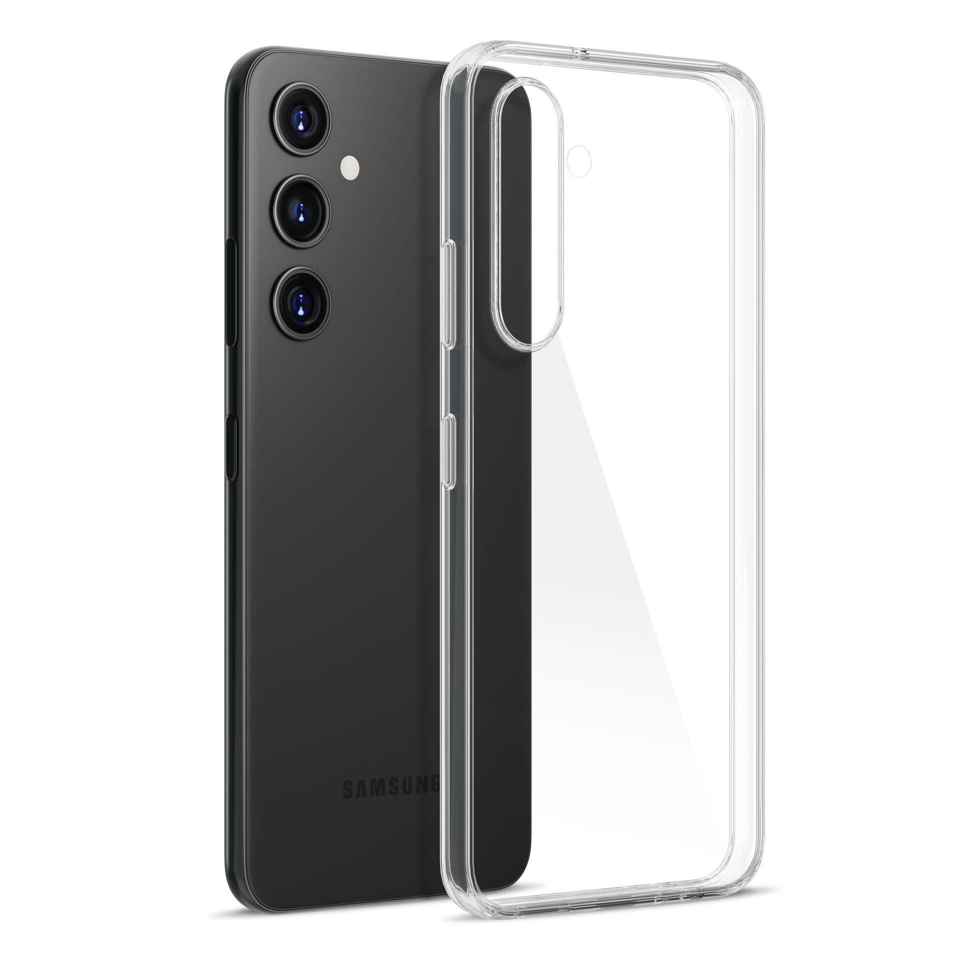 Un telefono nero con una custodia trasparente, con il logo Samsung visibile.