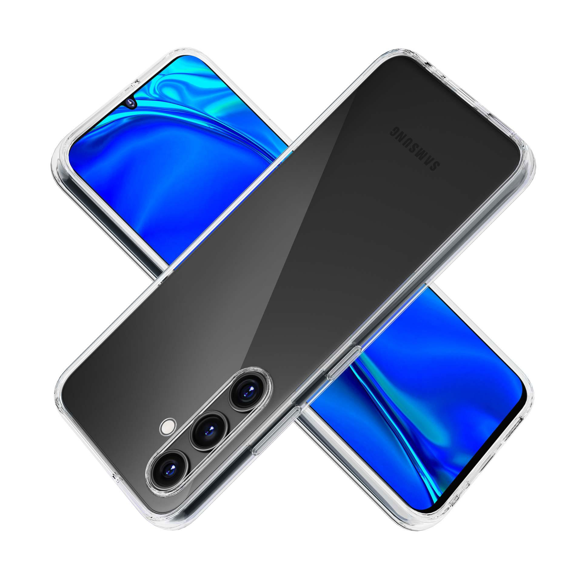 Due telefoni in custodie trasparenti. Entrambi i telefoni su sfondo blu.