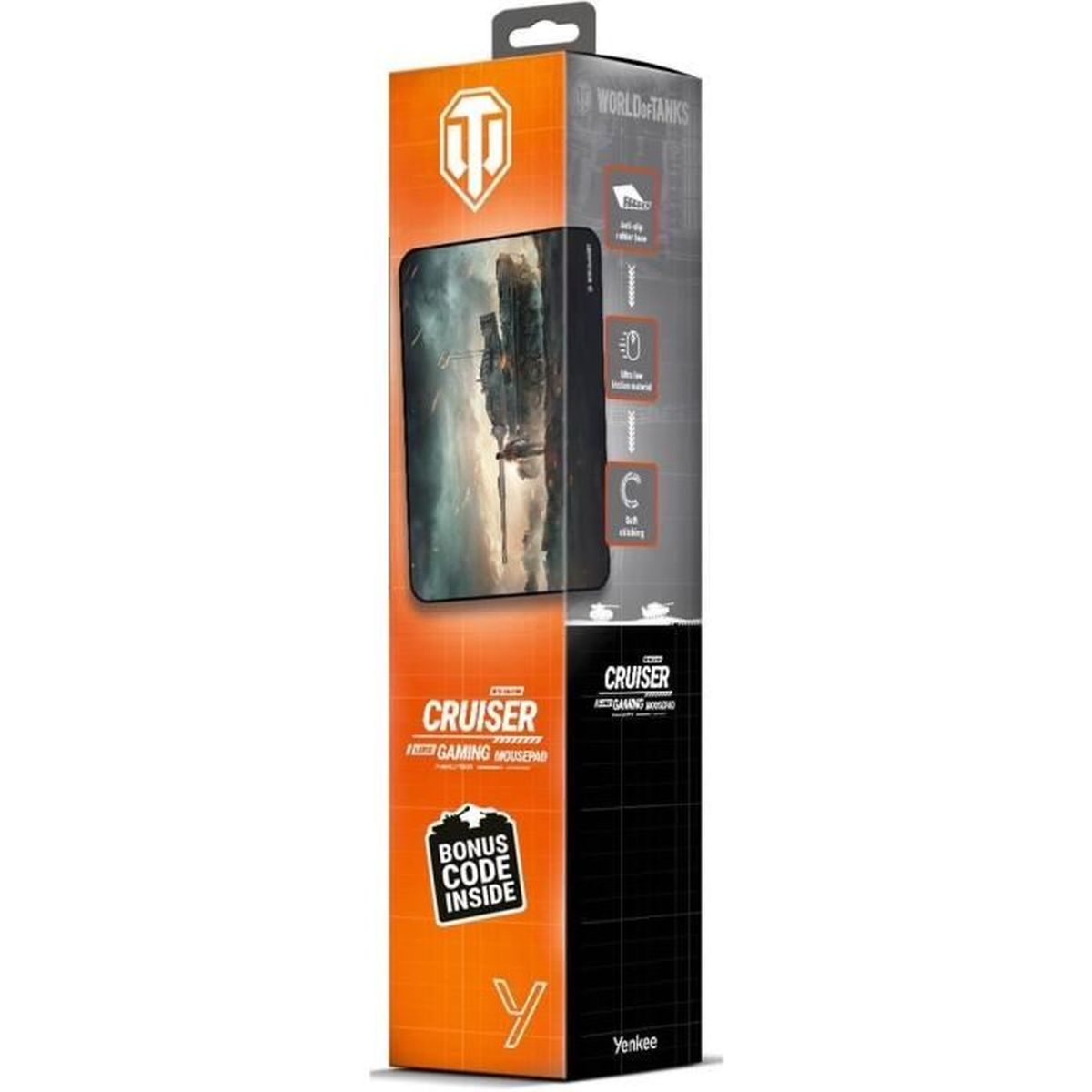 Eine hohe rechteckige Box mit einem Mauspad-Bild und den Worten 'Cruiser Gaming Mousepad'.