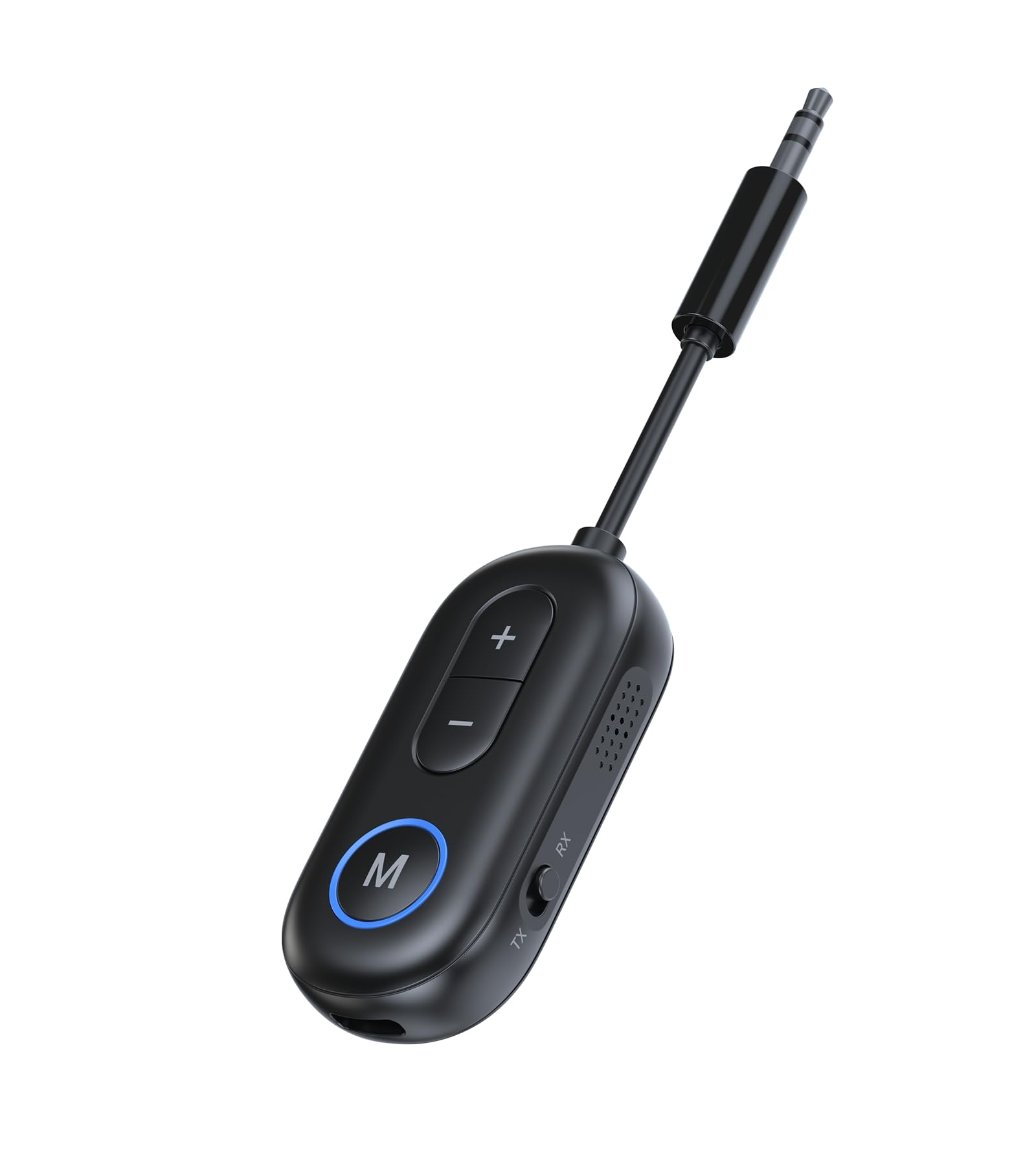 Schwarzer Bluetooth-Empfänger mit Steuertasten: Plus, Minus und eine Multifunktionstaste. Er hat eine 3,5-mm-Buchse für Audio.