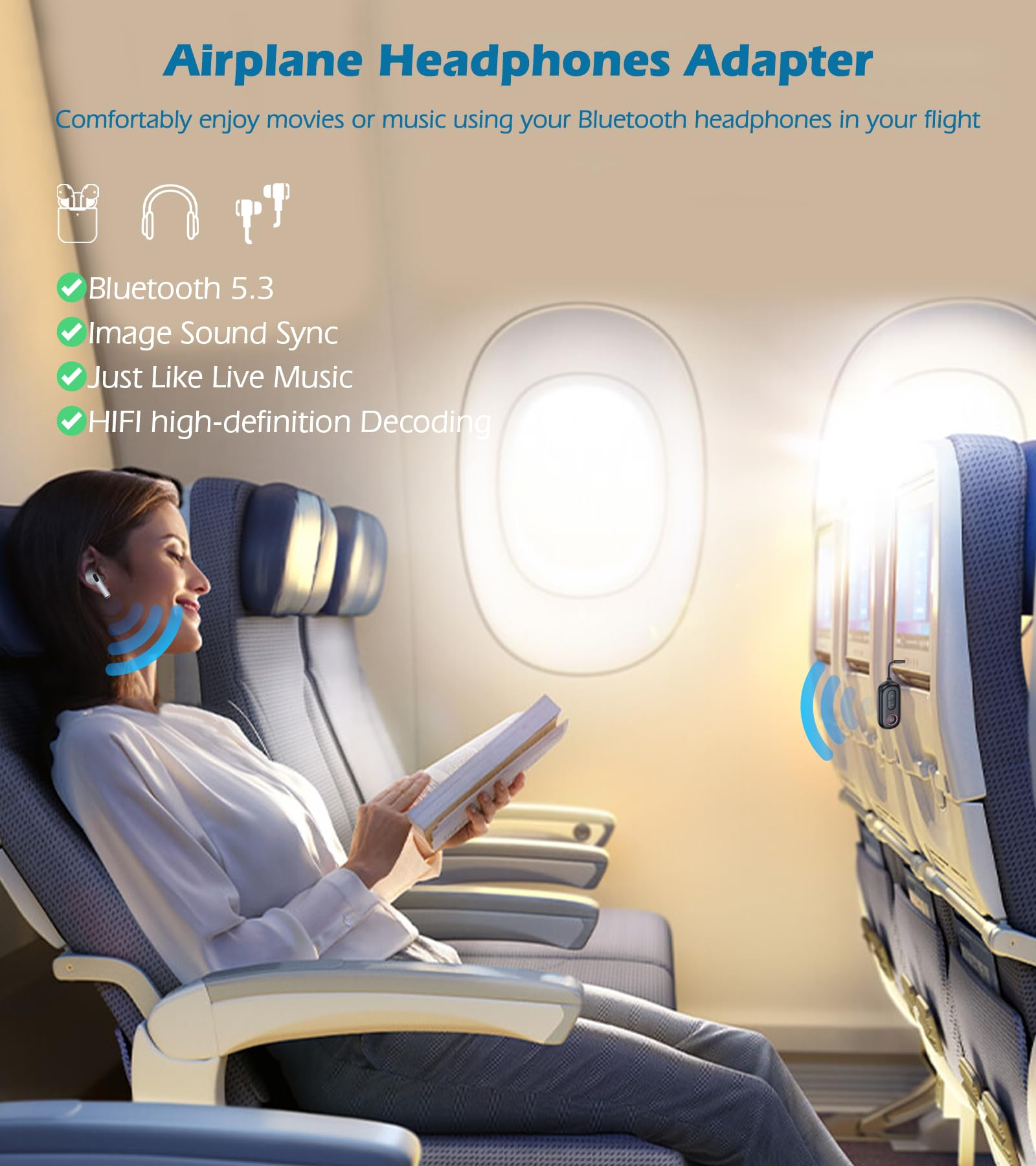 Frau im Flugzeug, benutzt Bluetooth-Kopfhörer. Text über Bluetooth 5.3, Bild-Ton-Synchronisation und hochauflösende Musik.