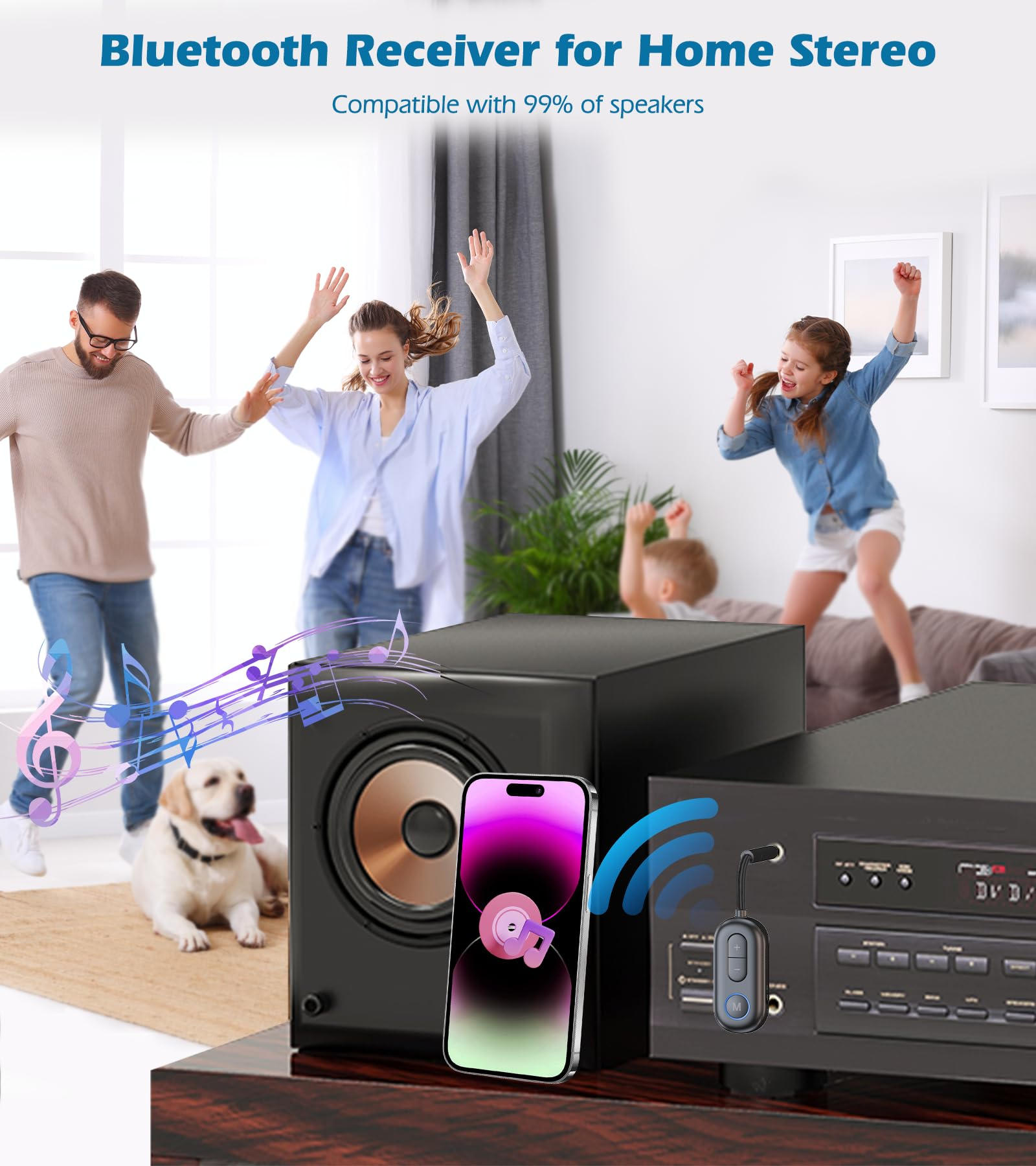 Eine Familie tanzt in einem Wohnzimmer mit einem Bluetooth-Empfänger, der an eine Heimstereoanlage angeschlossen ist, mit einer Grafik mit Musiknoten.