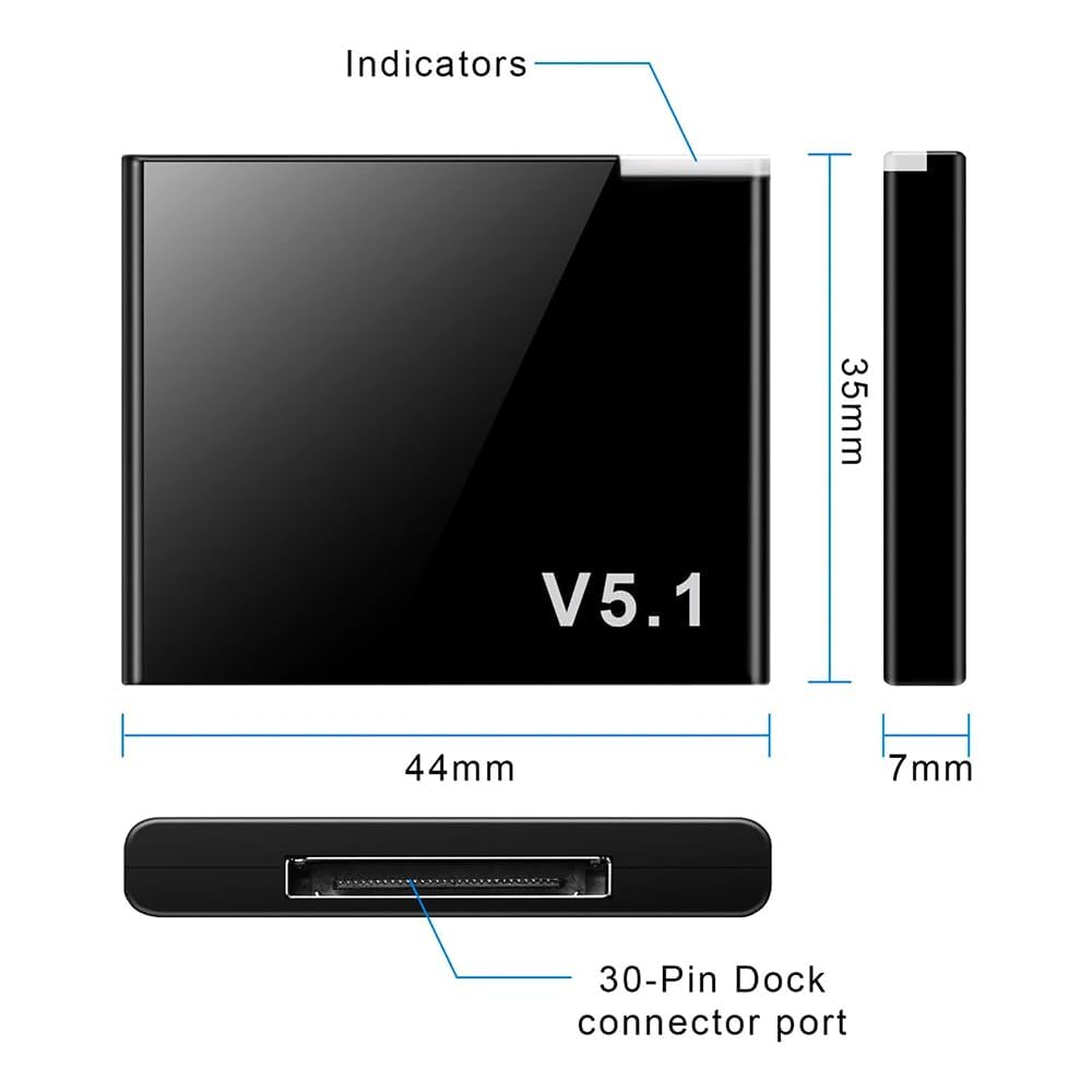Schwarzes Gerät mit Maßen und Anzeigen. Zeigt V5.1. 30-Pin Dock-Anschluss.