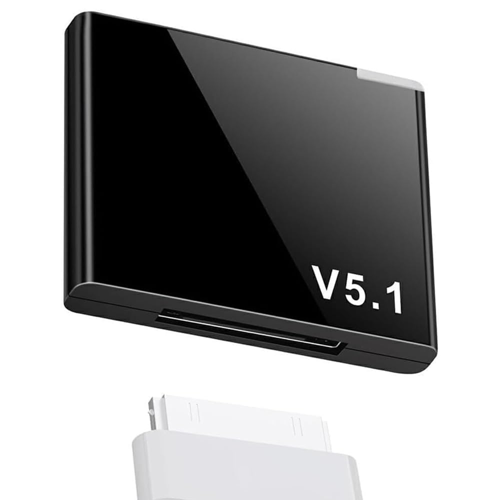 Ein schwarzes, schlankes, rechteckiges Gerät mit Kartensteckplatz und V5.1, mit weißem Stecker darunter.