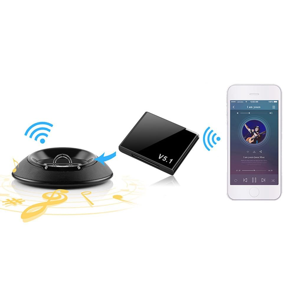 Ein Bluetooth-Empfänger, der mit einem Telefon und einem kleinen schwarzen Gerät verbunden ist, mit Noten und WLAN-Symbolen.