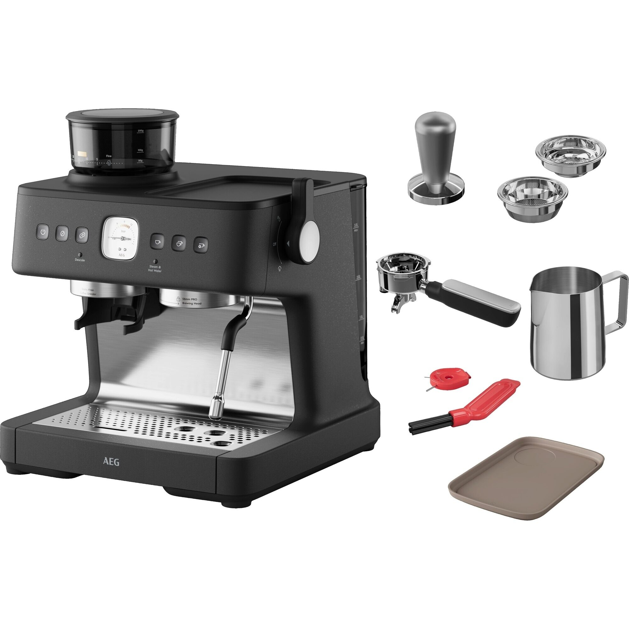 Schwarze Espressomaschine mit Zubehör, einschließlich Siebträger, Tamper und Milchkanne.