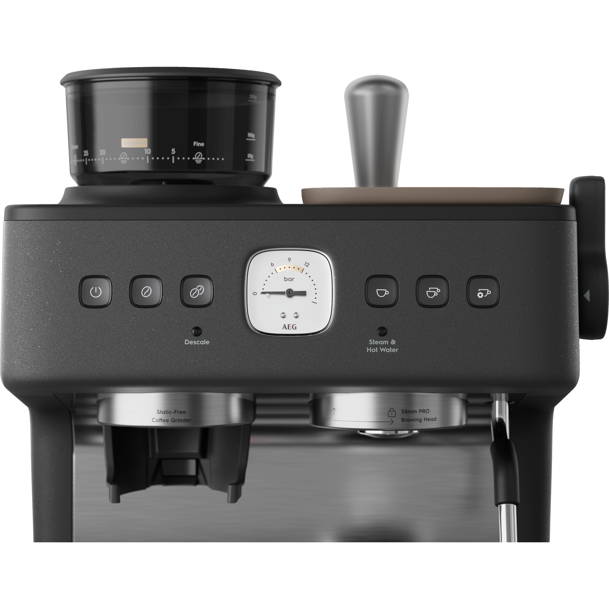 Eine schwarze Espressomaschine mit verschiedenen Knöpfen, einer Mühle und einer Dampflanze, vor dunklem Hintergrund.