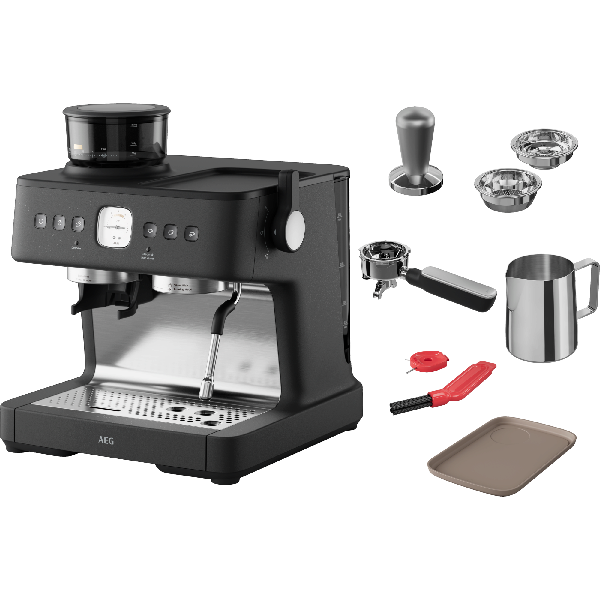 Eine schwarze Espressomaschine mit Zubehör. Sie hat eine Mühle, einen Siebträger, einen Tamper, einen Milchbehälter und eine Bürste.