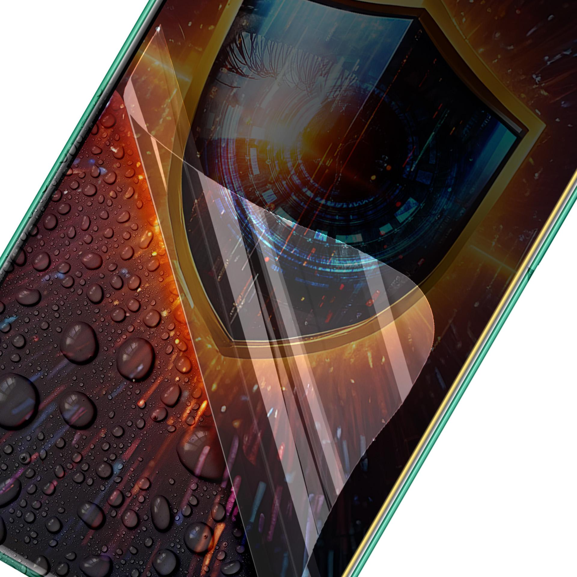 Uno schermo del telefono con una pellicola protettiva trasparente in fase di applicazione. Lo schermo ha una grafica a scudo.