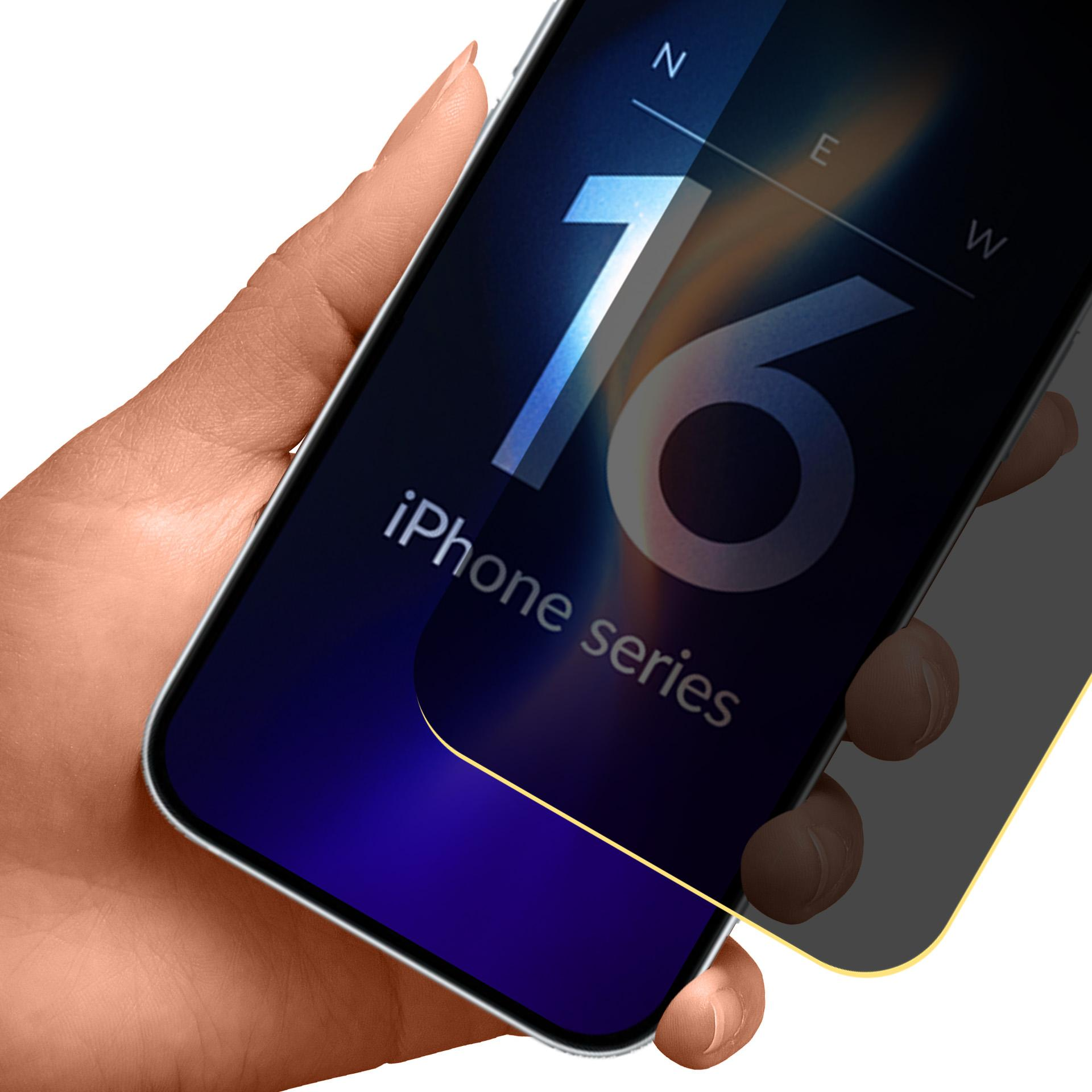 Dłoń trzyma telefon z nałożonym ochraniaczem ekranu. Telefon wyświetla '16' i 'iPhone series'.