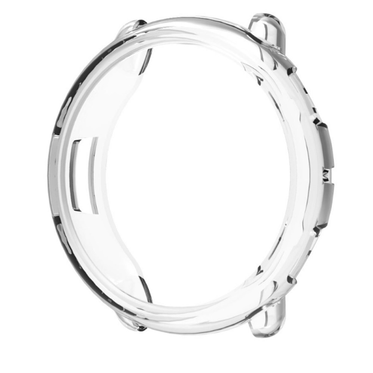 Custodia trasparente per orologio, aperta, che mostra l'interno. Per un orologio rotondo.