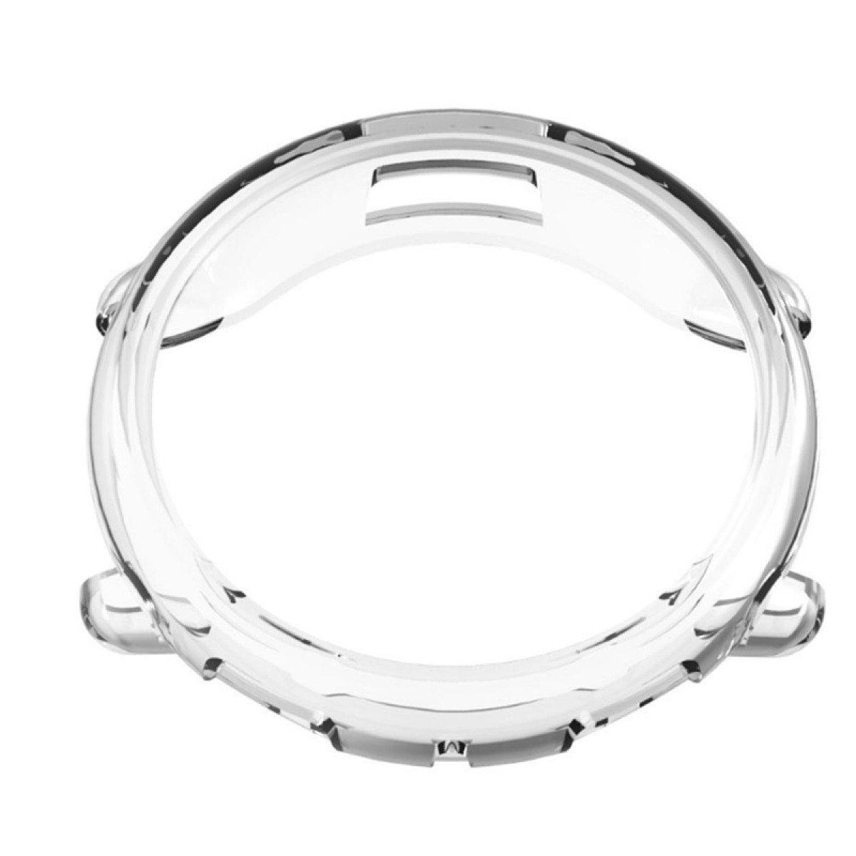 Custodia trasparente per orologio. La custodia è trasparente e ha una forma circolare. Ha delle aperture per i pulsanti dell'orologio.