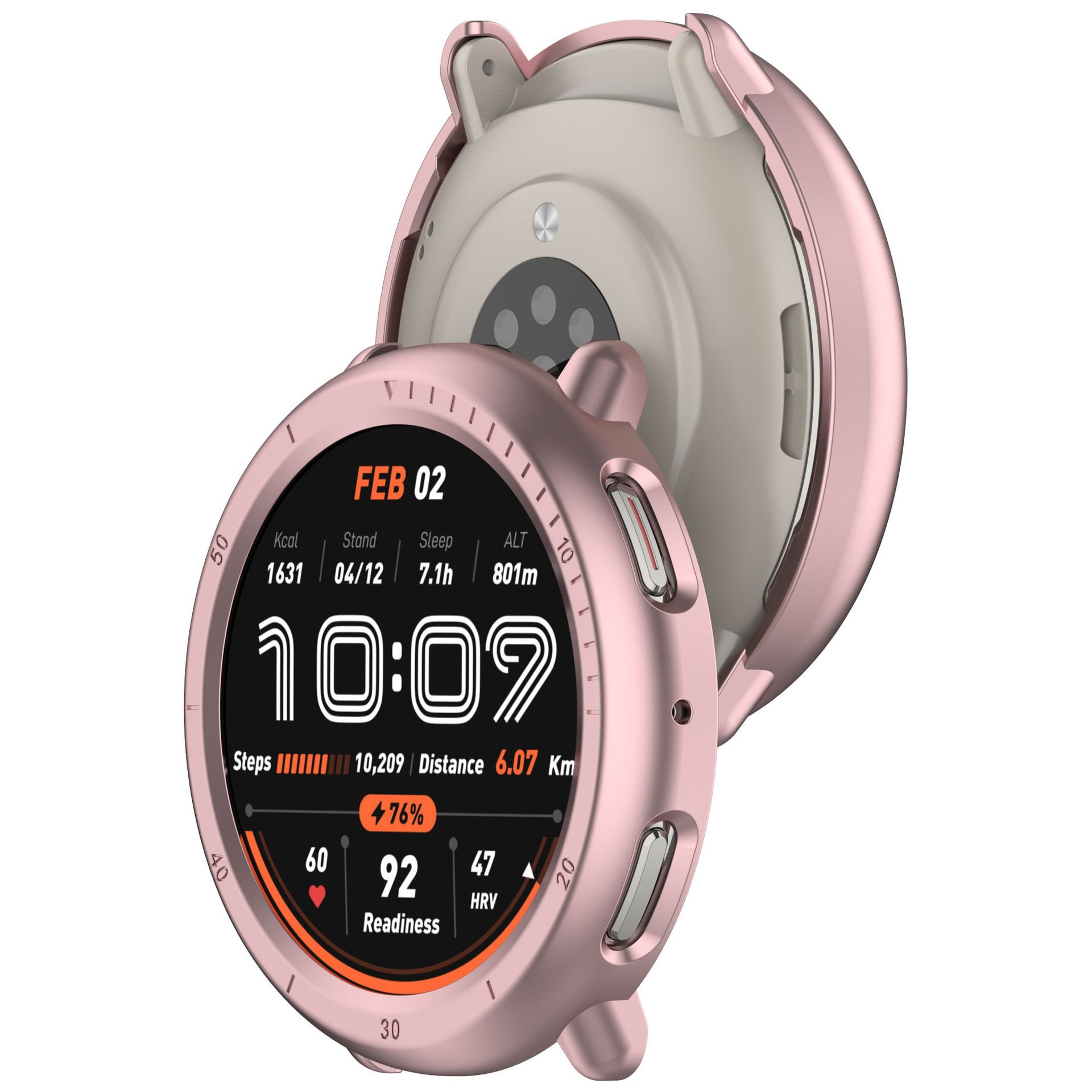 Smartwatch rosa con dati fitness. La lunetta aperta mostra l'interno dell'orologio.