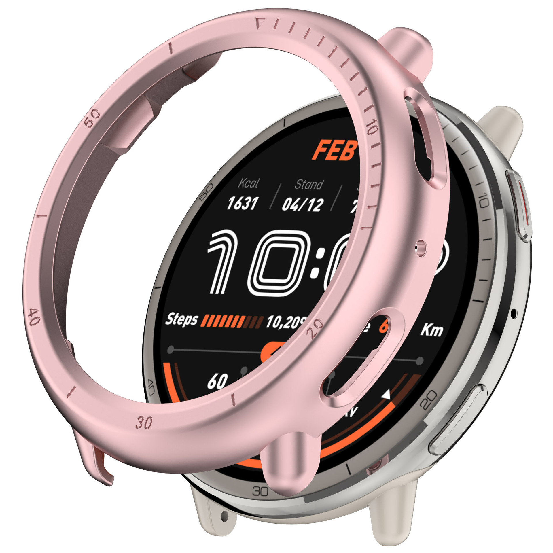 Smartwatch con cornice rosa che mostra statistiche sulla salute: 10:08, 10.209 passi, 1631 kcal. La ghiera ha segni dei minuti.