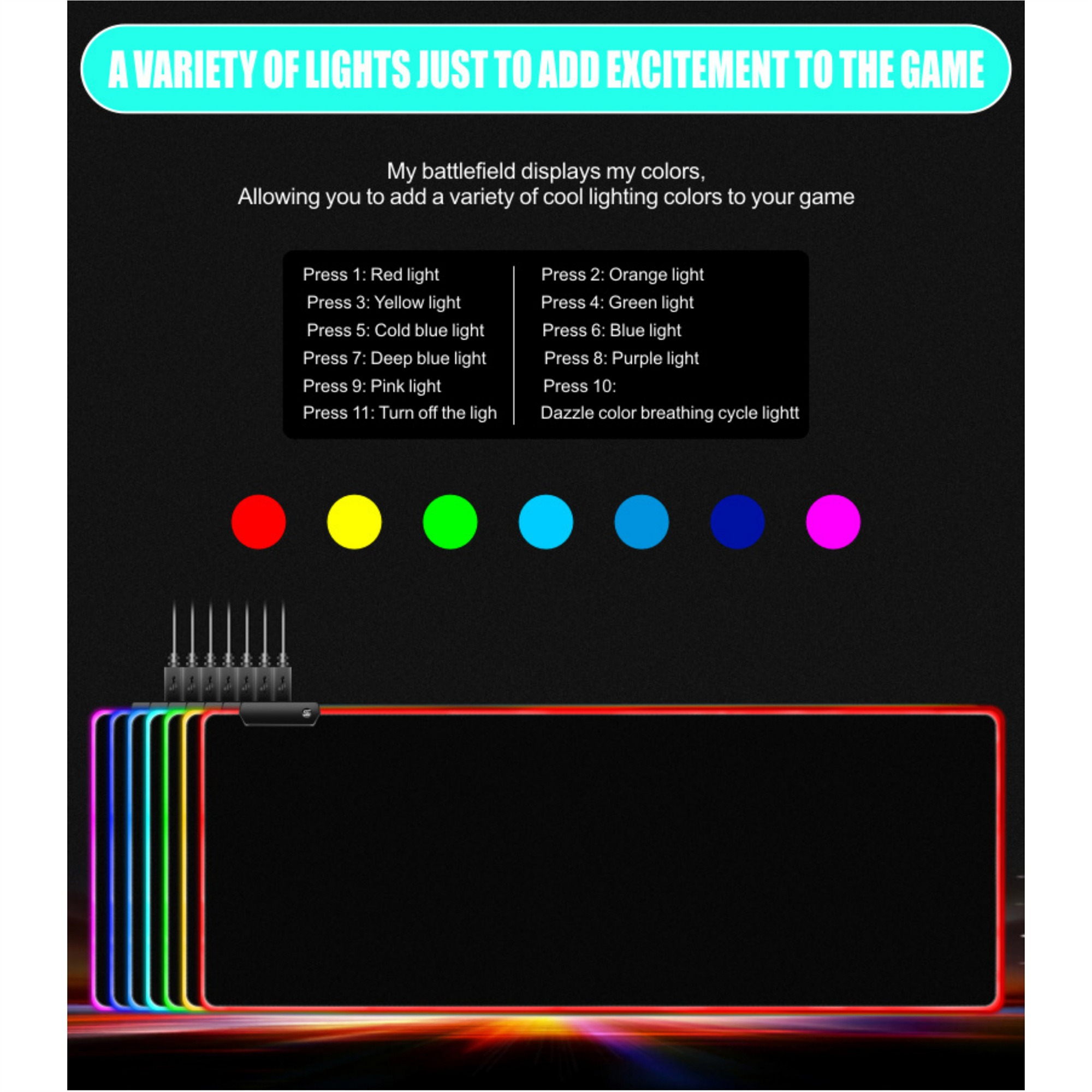 RGB-Gaming-Mauspad mit verschiedenen Farblichtoptionen und Text über die Farben.