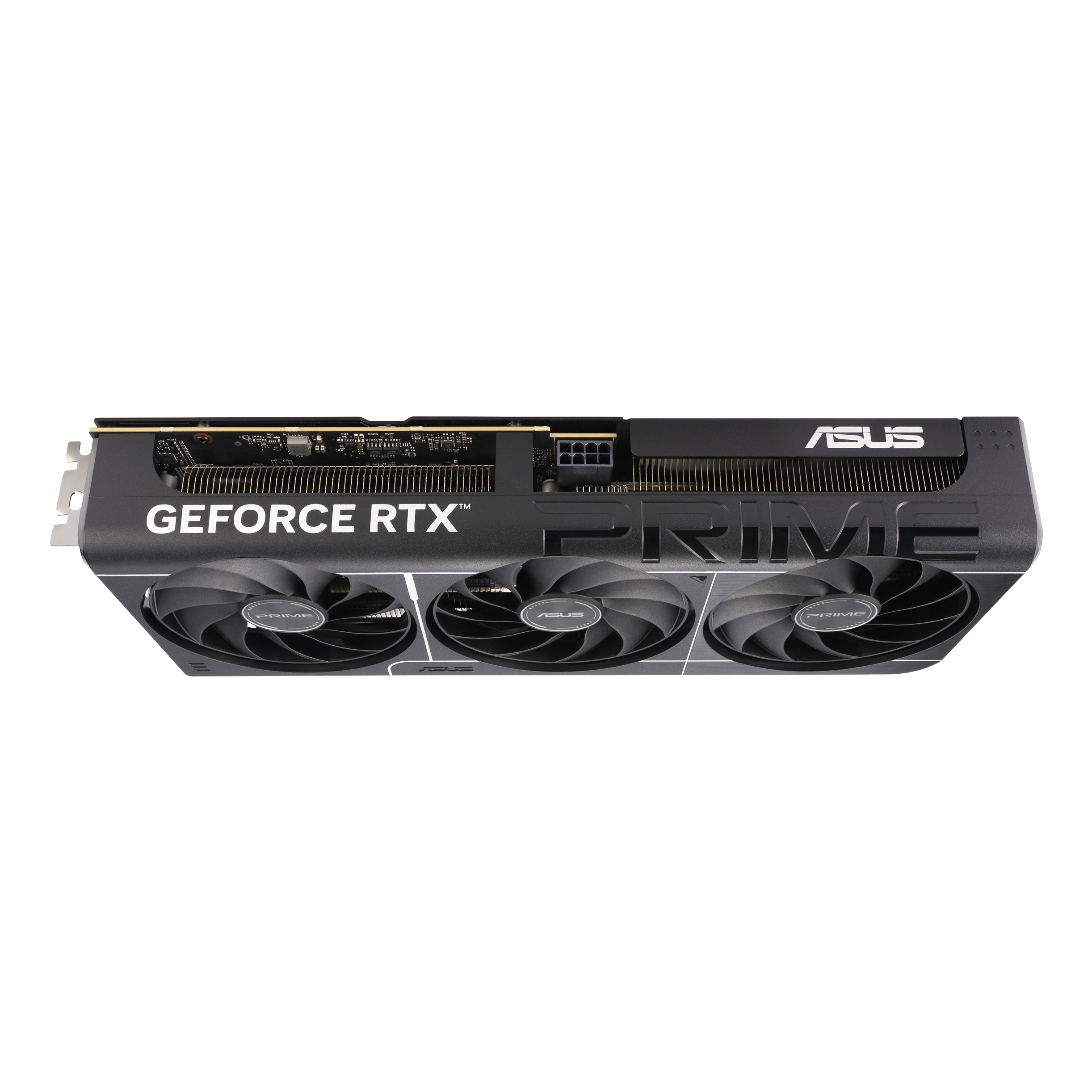 Czarna karta graficzna z trzema wentylatorami, słowem ASUS na górze i GEFORCE RTX z przodu.