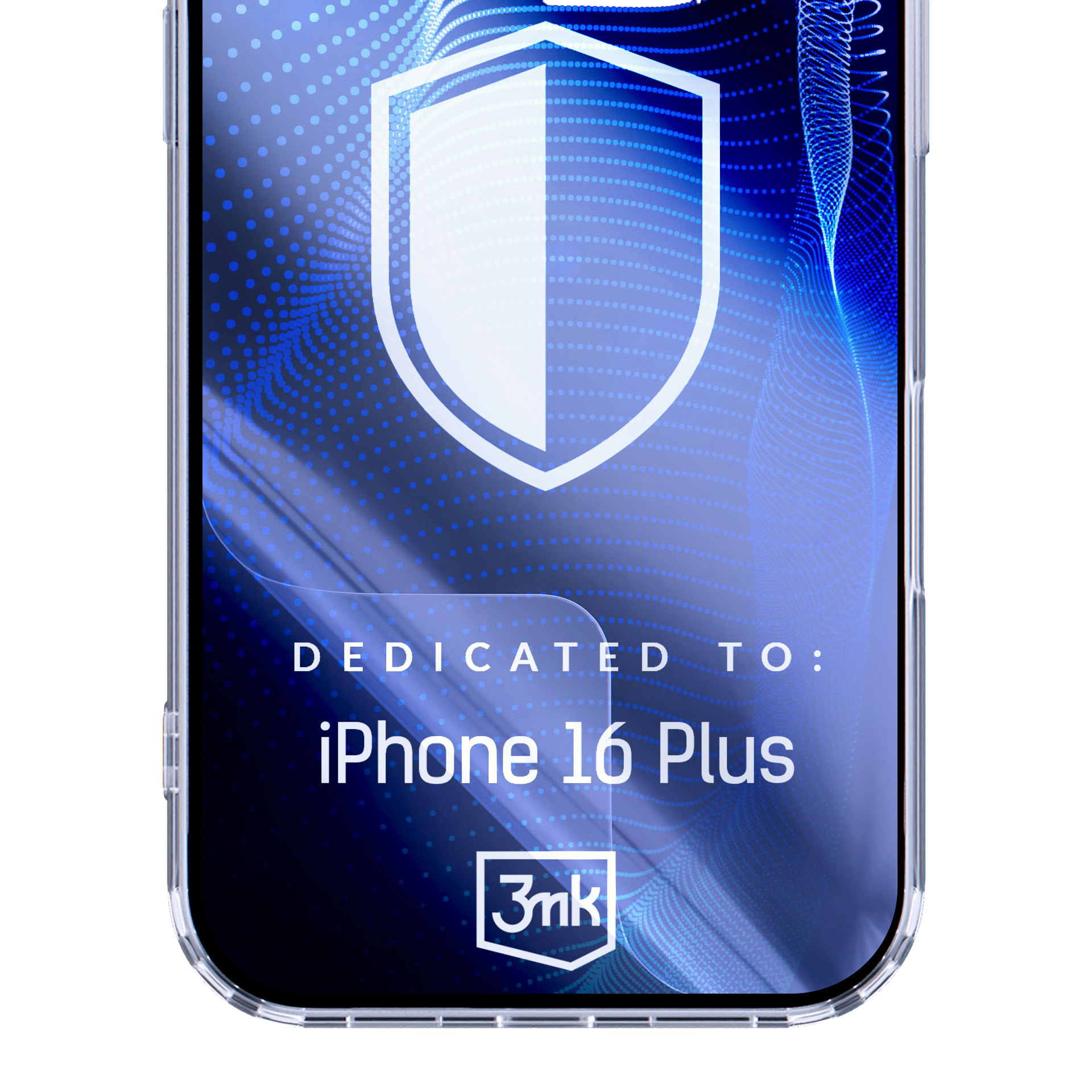 Una protezione per lo schermo del telefono con testo. La protezione è trasparente e dice: 'DEDICATO A: iPhone 16 Plus'.