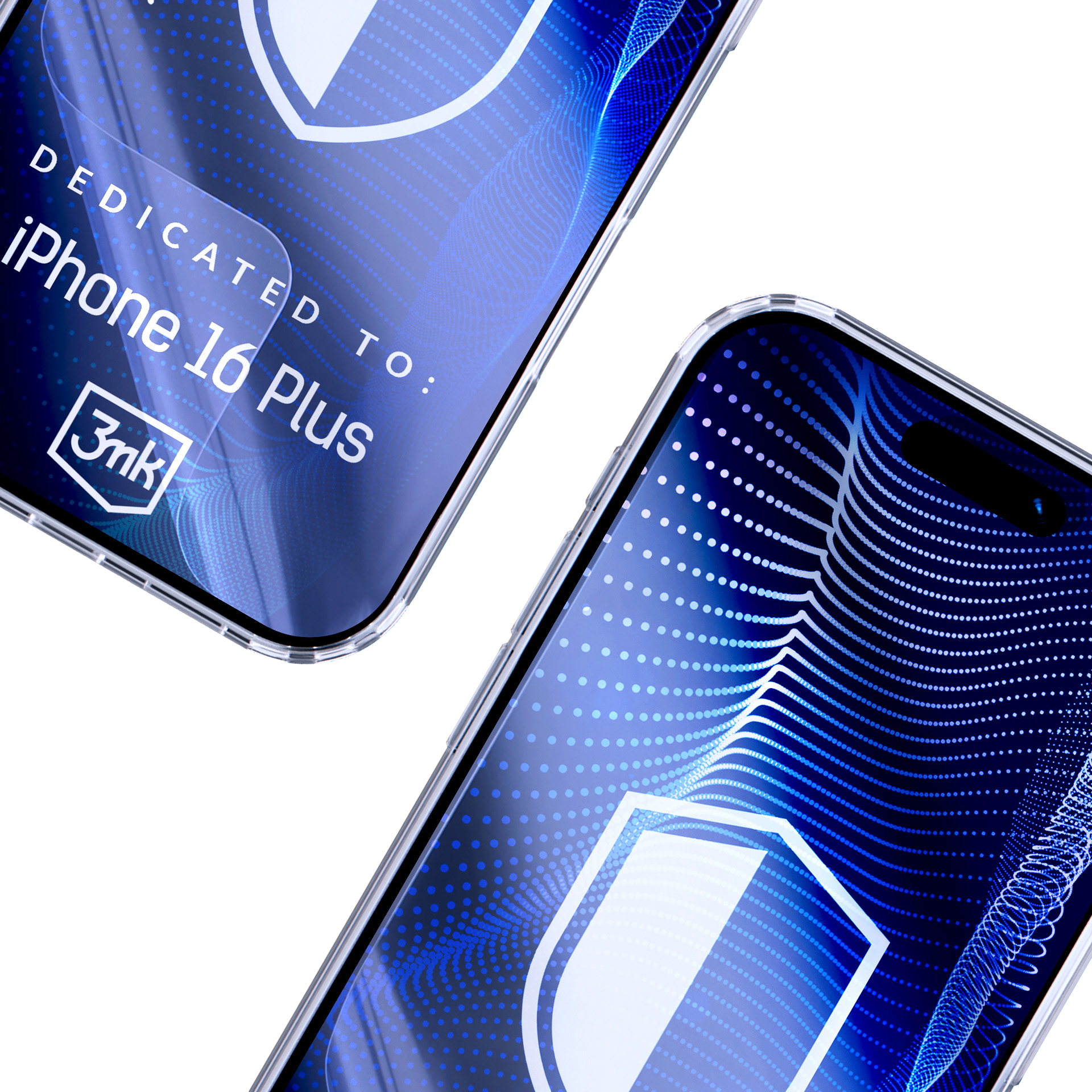 Due telefoni con protezioni per lo schermo. Il testo recita 'Dedicated to: iPhone 16 Plus'. Sfondo blu con scudo.