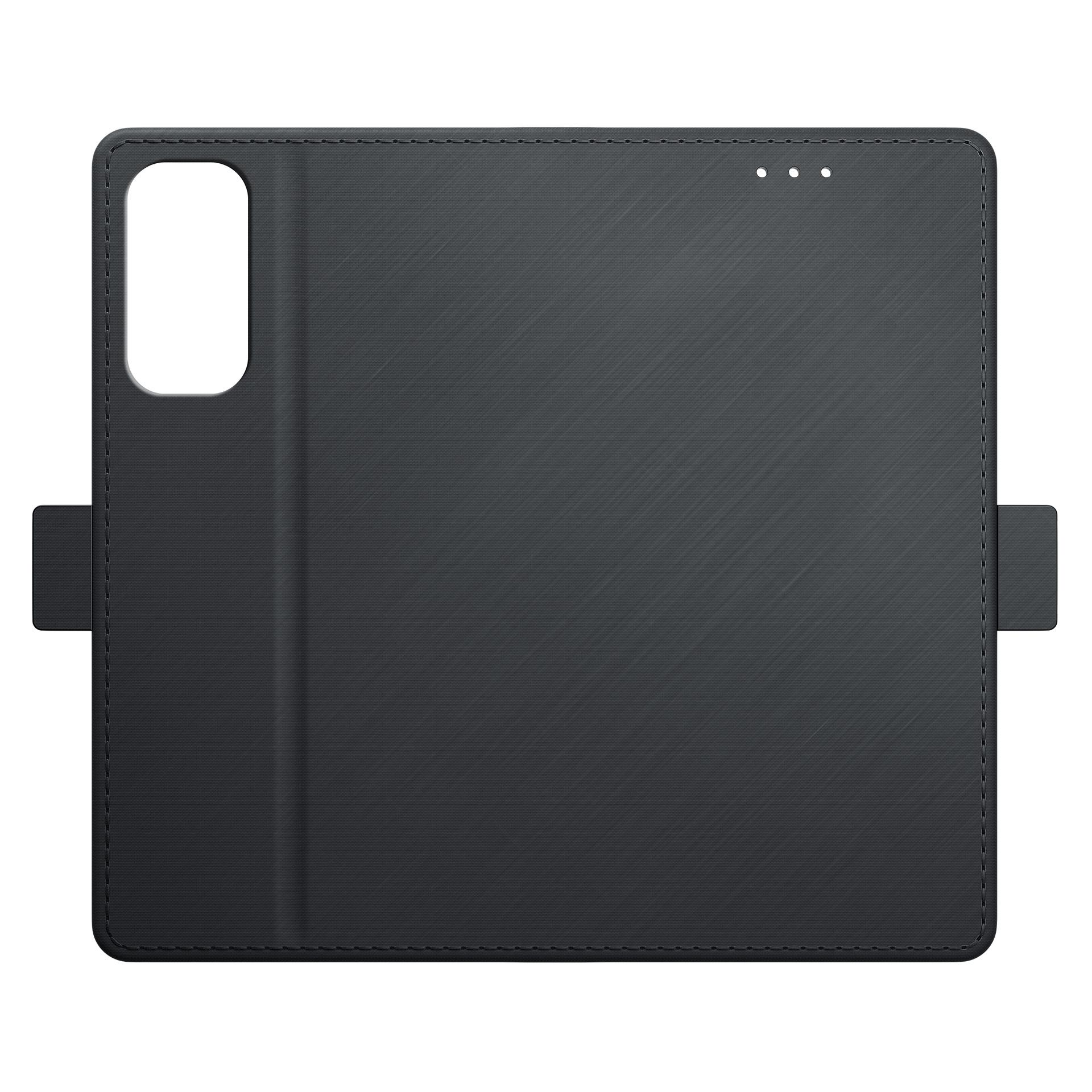 Czarne etui na telefon z wycięciem na aparat i klapką. Etui jest zamknięte i ma teksturowaną powierzchnię.