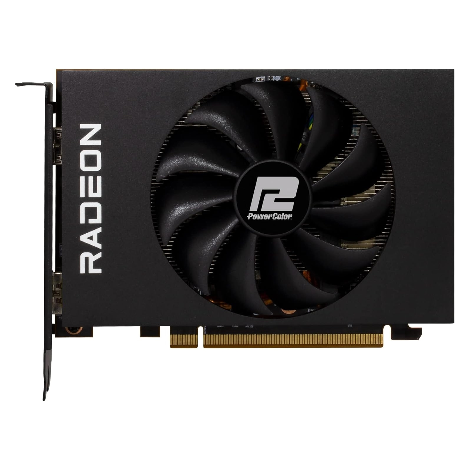 Karta graficzna Radeon z wentylatorem. Wentylator jest czarny. Logo Radeon widoczne.