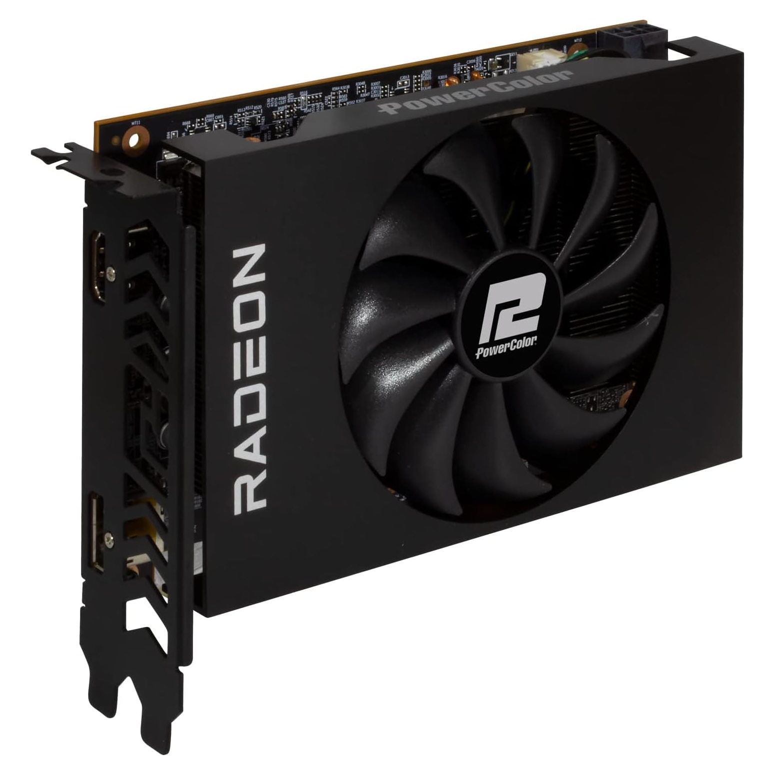 Czarny Radeon GPU z wentylatorem. Widoczne logo Radeon i PowerColor. Czarny i srebrny.