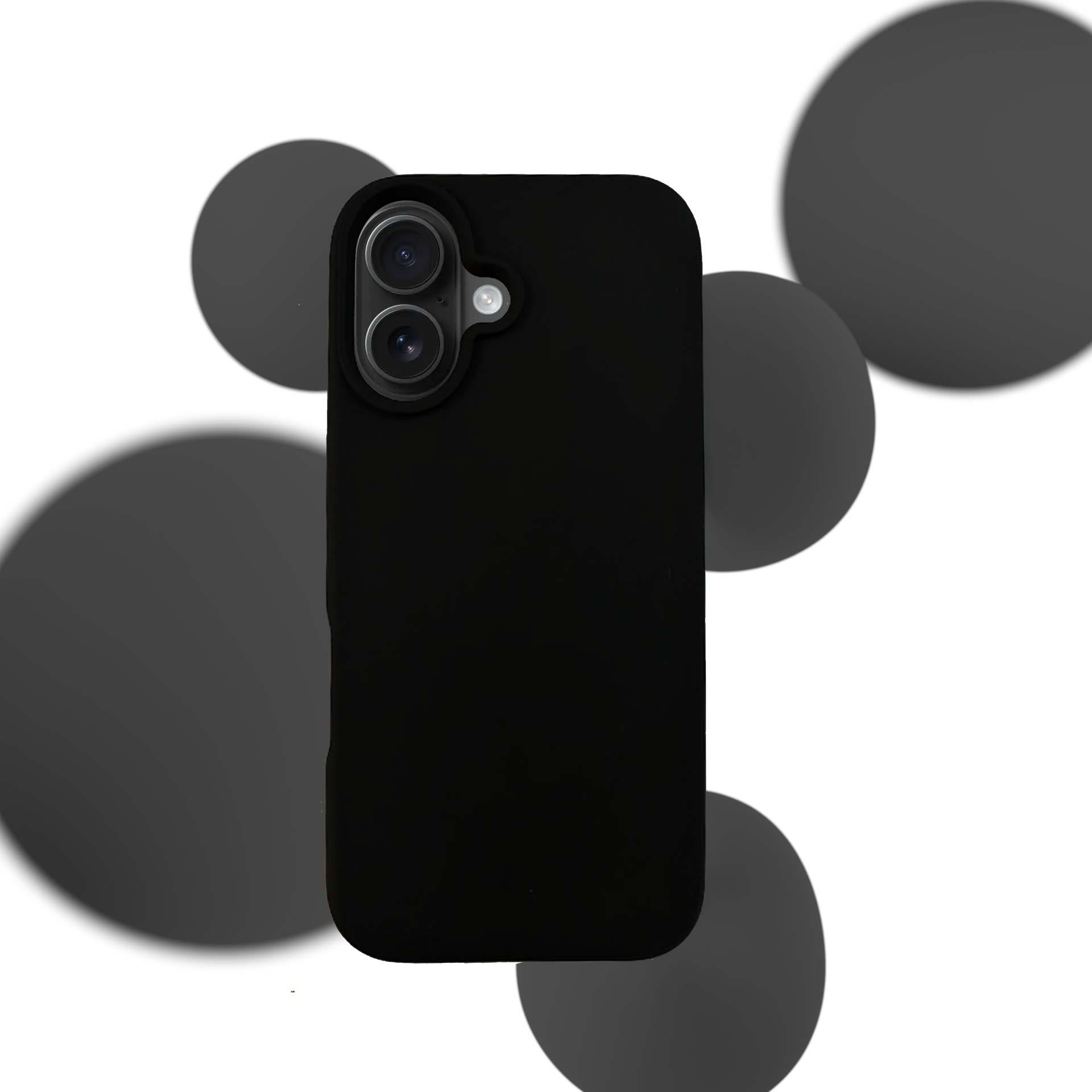 Custodia per telefono nera con ritagli per fotocamera e cerchi grigi scuri sfocati.