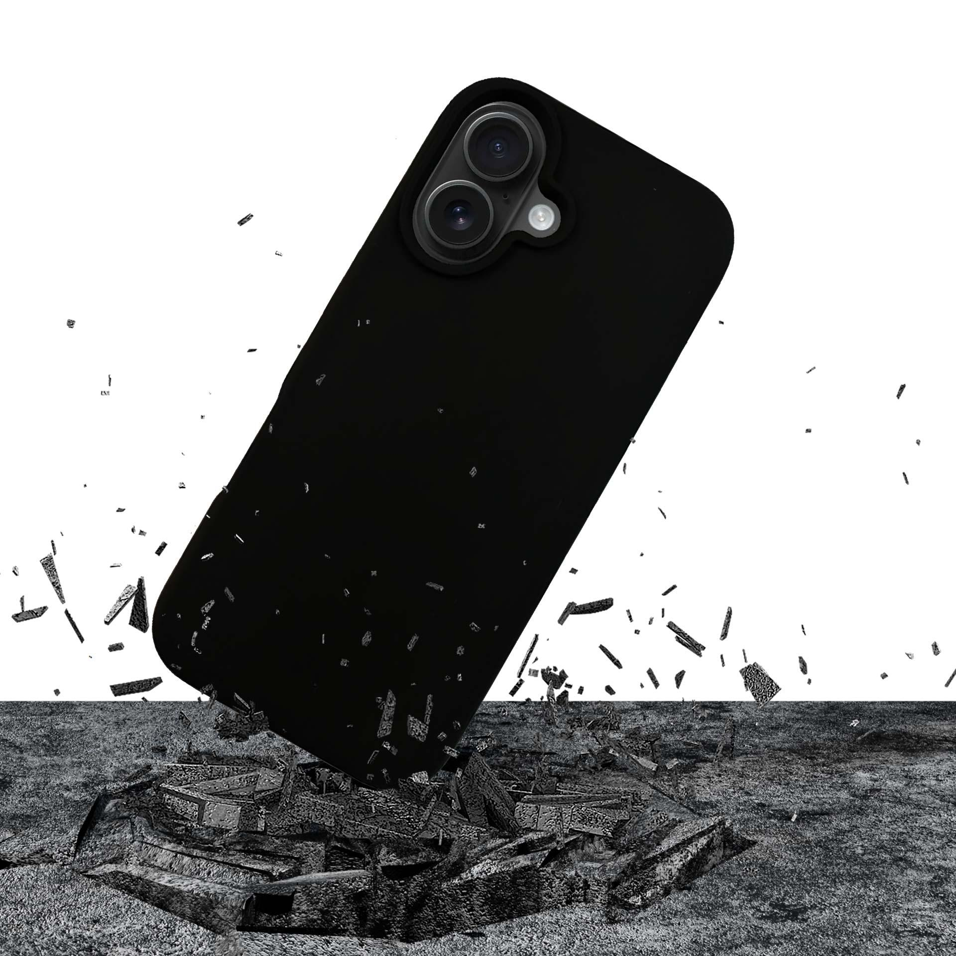 Custodia per telefono nera che cade, con detriti intorno. La custodia ha ritagli per fotocamera.