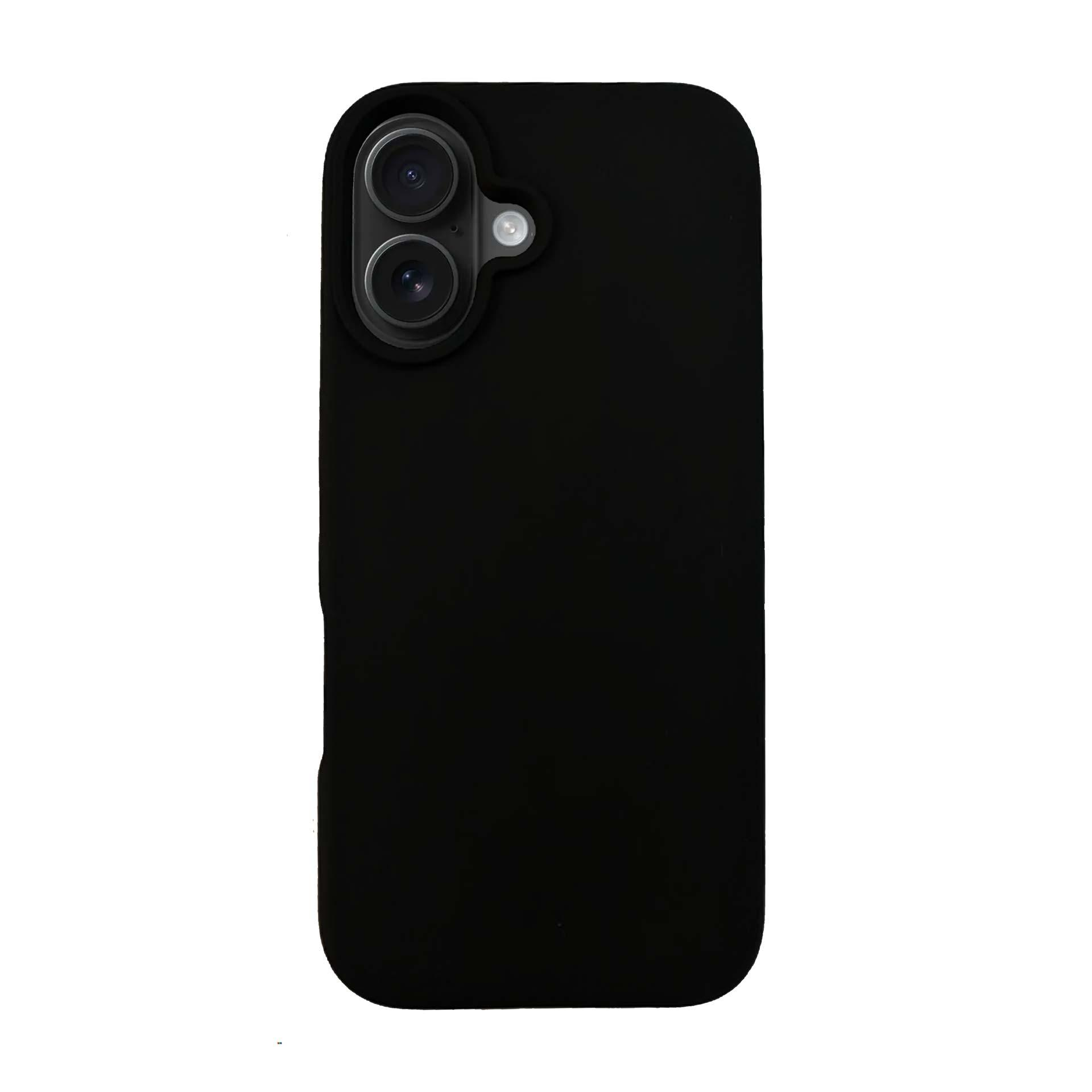 Custodia per telefono nera con ritagli per fotocamera. La custodia è nera e ha una superficie liscia.