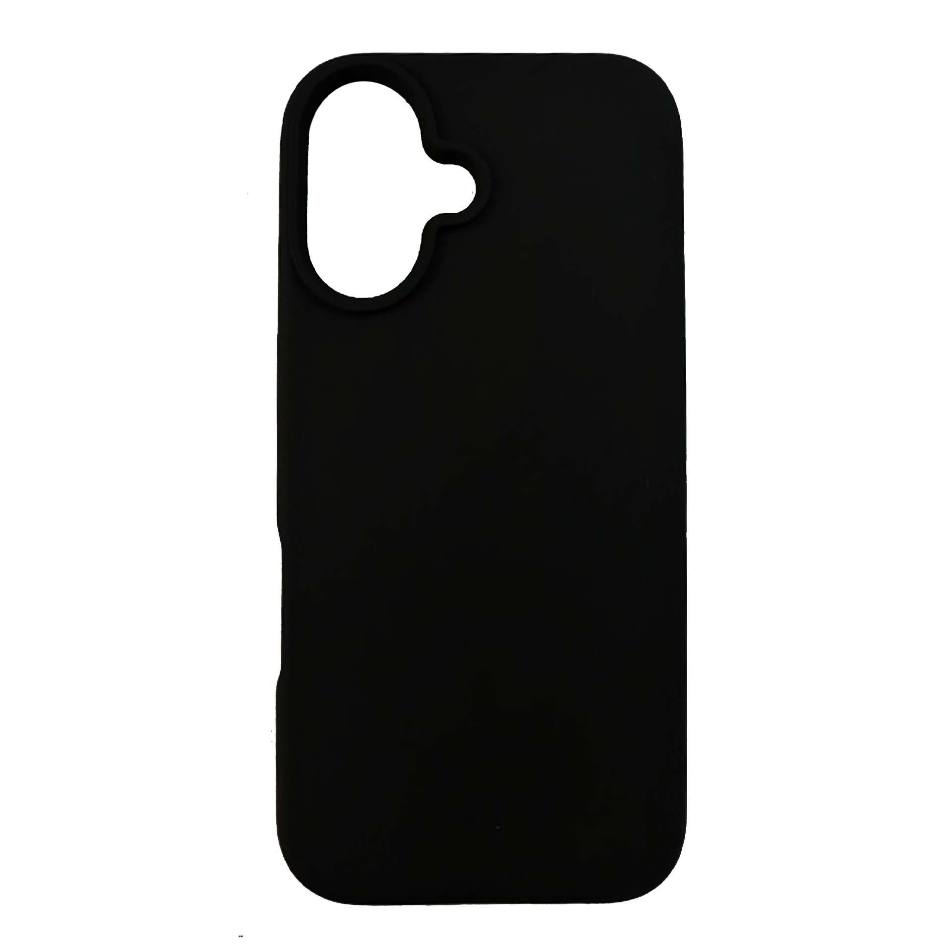 Custodia per telefono nera con ritaglio per la fotocamera. La custodia è nera e liscia.