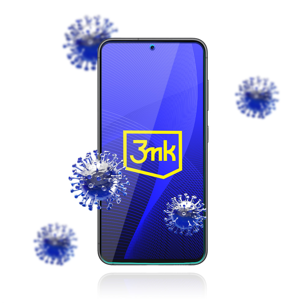 Smartfon z niebieskim ekranem wyświetlającym logo i ilustracje wirusów.