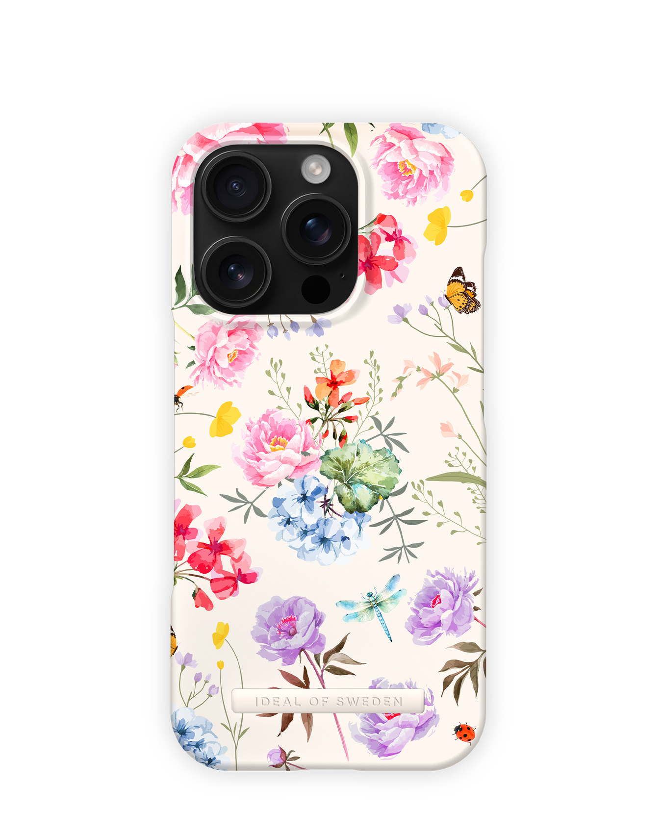 Handyhülle mit floralem Design aus rosa und lila Blumen, Schmetterlingen und Libellen. Schwarzer Hintergrund.