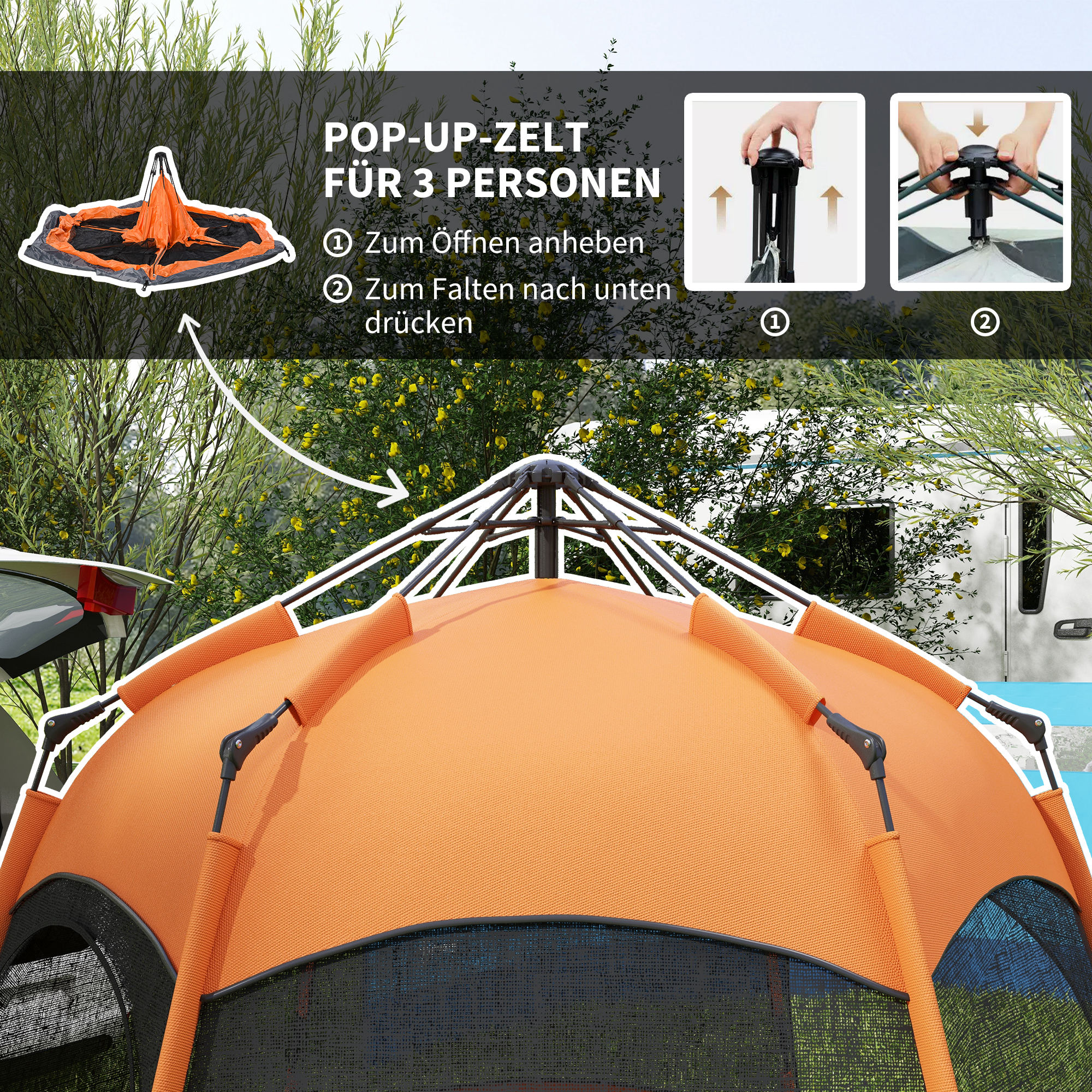 Ein Pop-up-Zelt für 3 Personen. Das Zelt ist orange mit schwarzen Akzenten und wird auf einem grünen Feld aufgebaut.