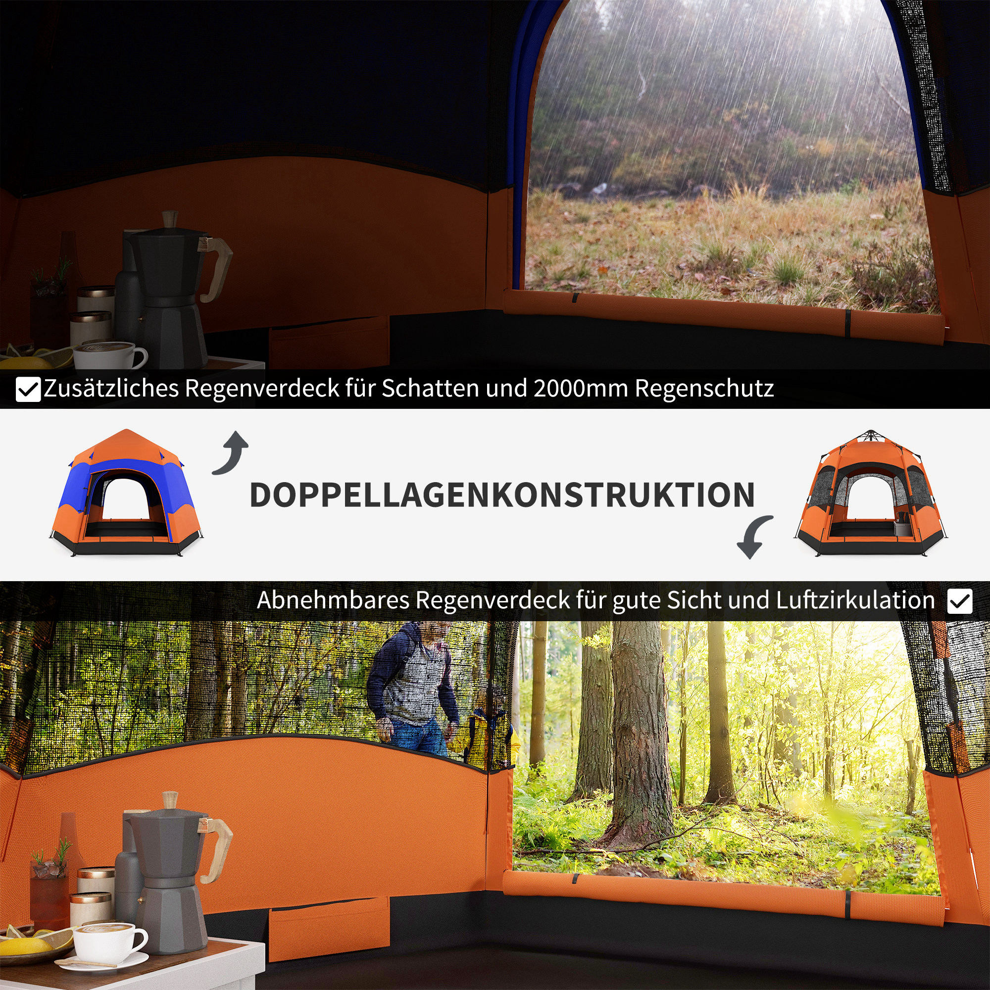 Ein Zelt mit Ansichten von innen. Orange und blaue Farben mit schwarzer Basis. Ein Wald ist vom Fenster aus zu sehen.