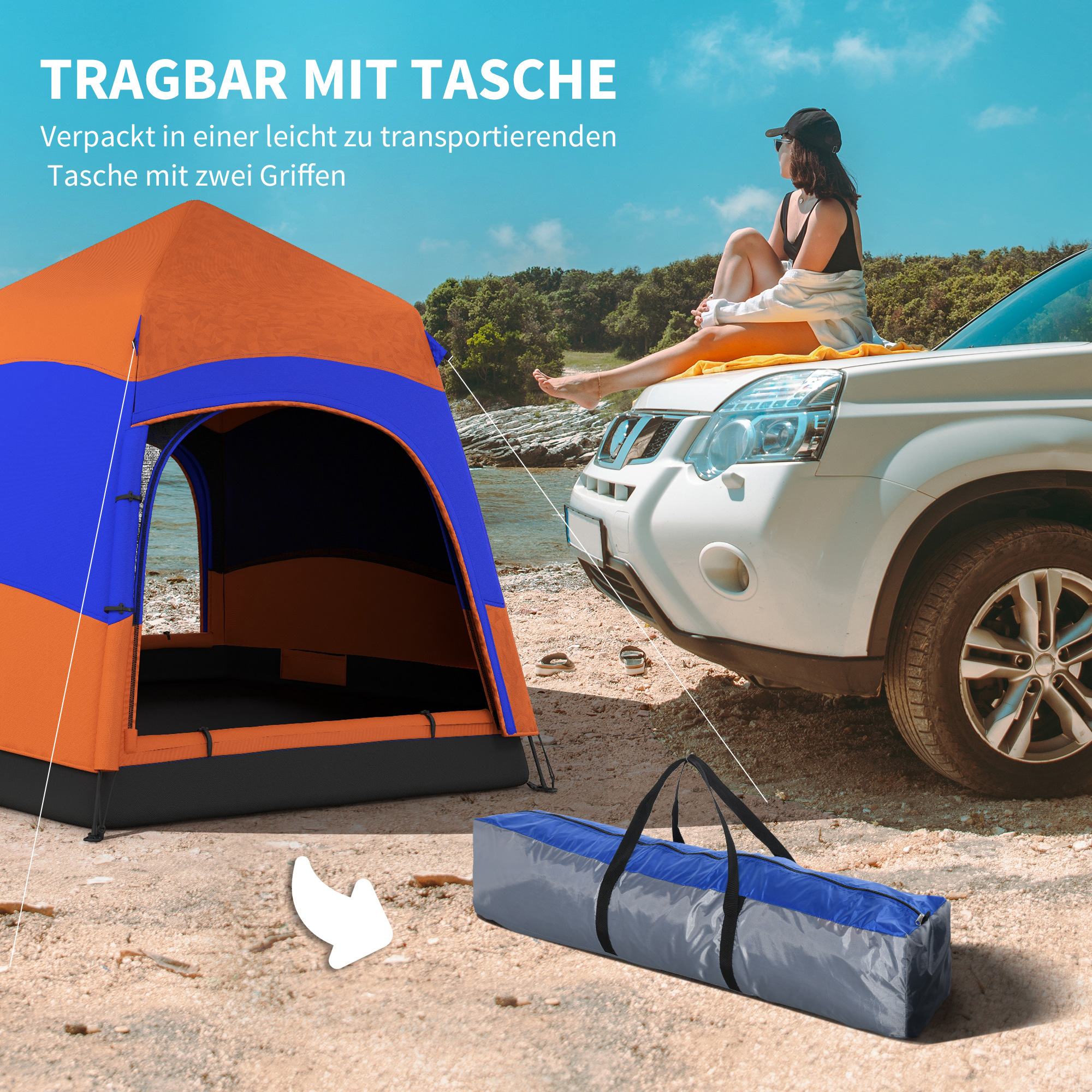 Ein Zelt und ein Auto am Strand mit einer Frau auf dem Auto.