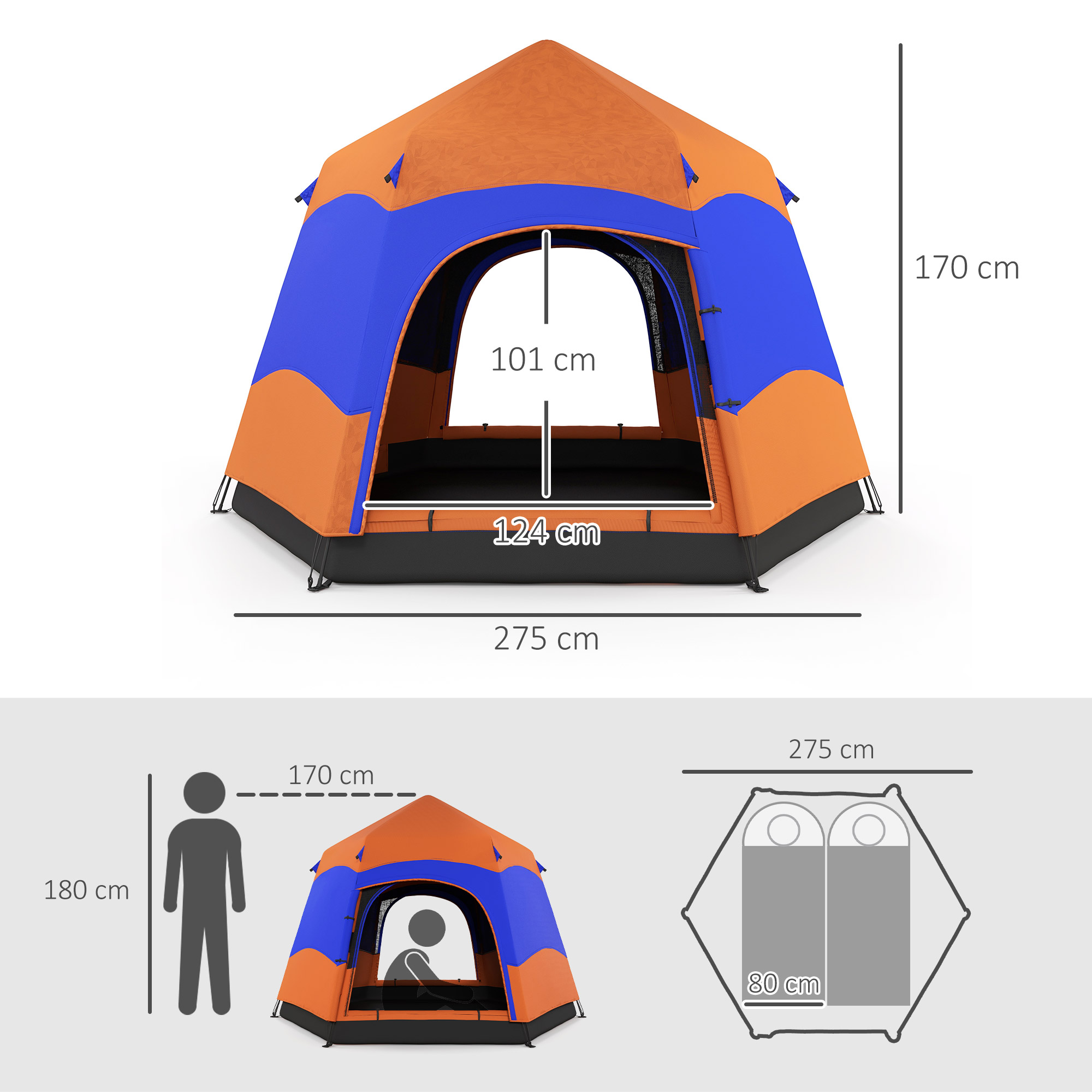 Ein Zelt mit Abmessungen und Diagrammen. Orange und blaue Farben mit schwarzer Basis. Weißer Hintergrund.