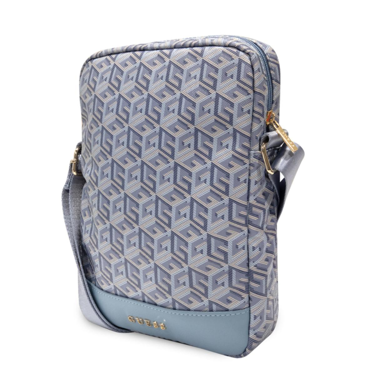 Eine blau-beige Guess Umhängetasche mit sich wiederholendem G-Muster, Schulterriemen und hellblauem Boden.