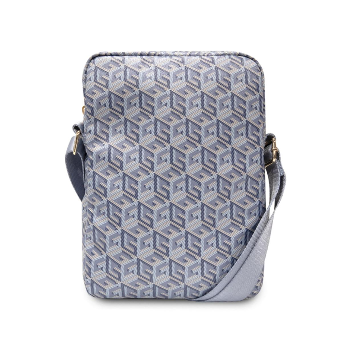 Eine hellblaue, gemusterte Tasche mit Schulterriemen.