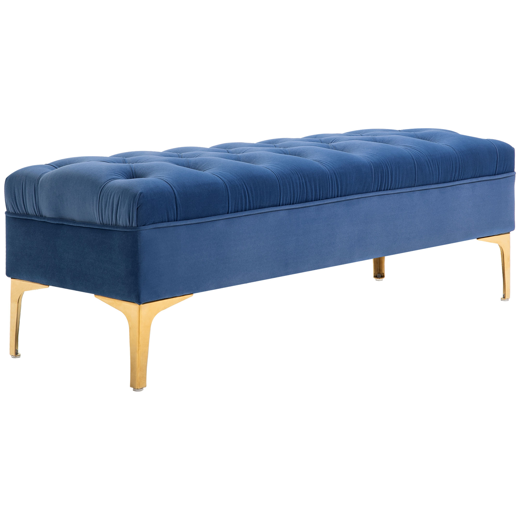 Eine blaue Samtbank mit goldenen Beinen.