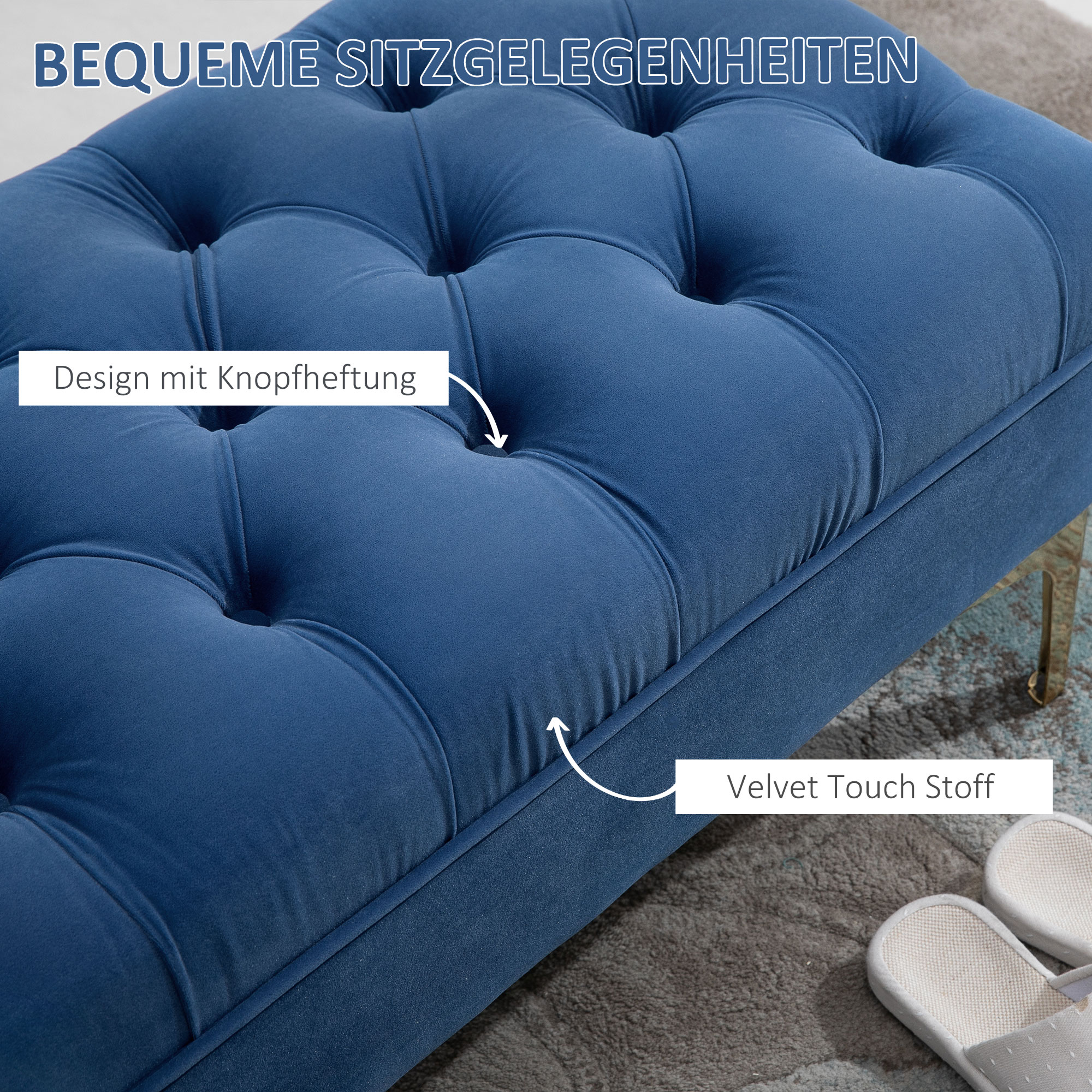 Eine blaue Samtbank mit Knopfheftung, Nahaufnahme mit Textüberlagerungen.